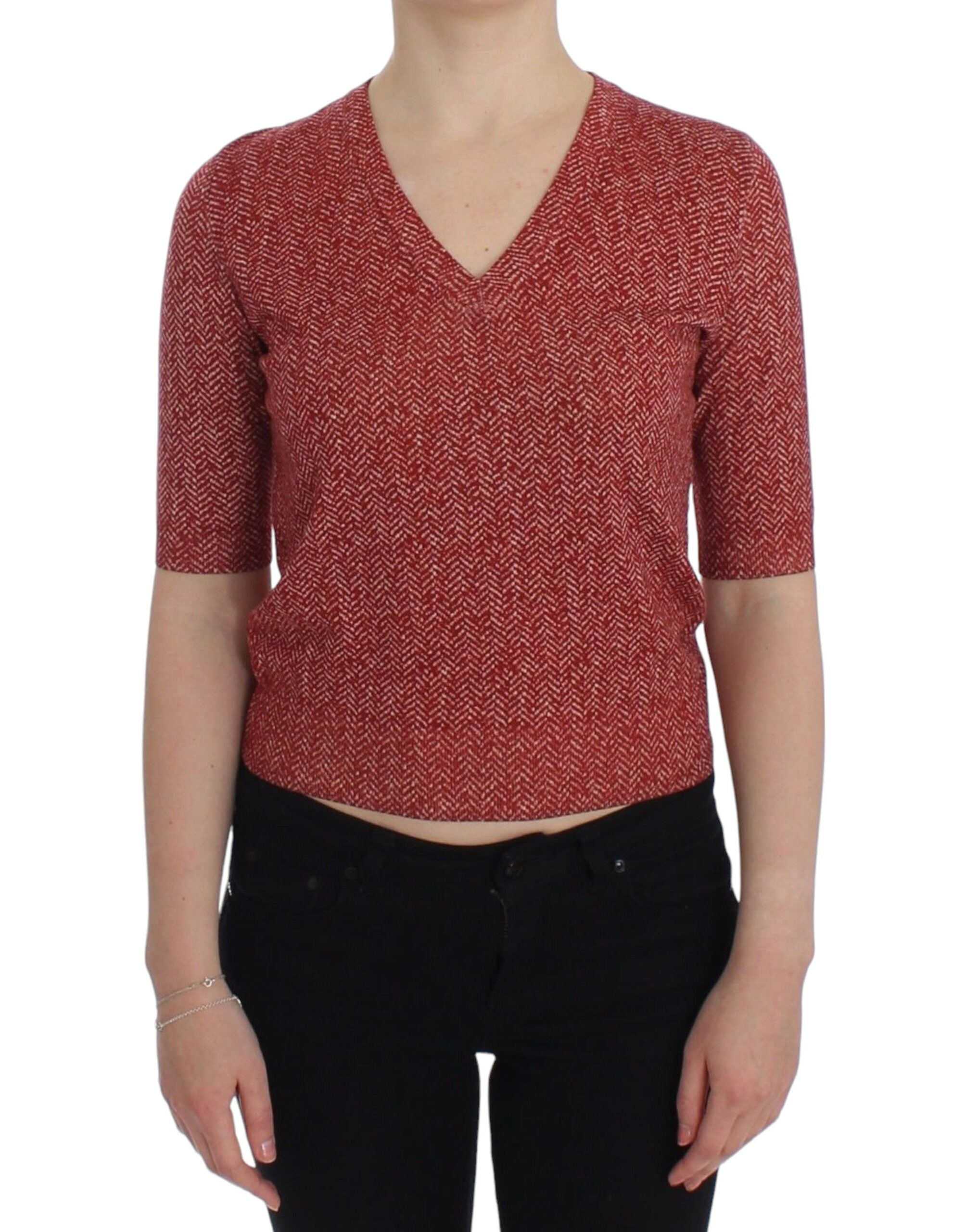 Dolce & Gabbana Enchanting Red Tweed V-Neck Women's Sweater