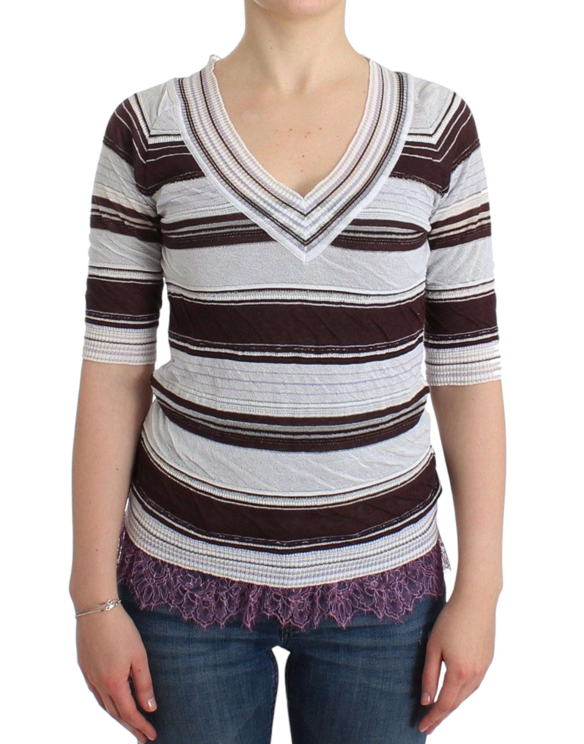 Ermanno Scervino Striped Lace V-Neck Short Sleeve Top Women's Sweater