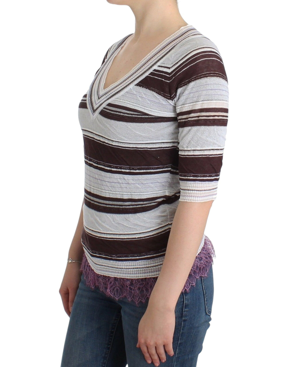 Ermanno Scervino Striped Lace V-Neck Short Sleeve Top Women's Sweater