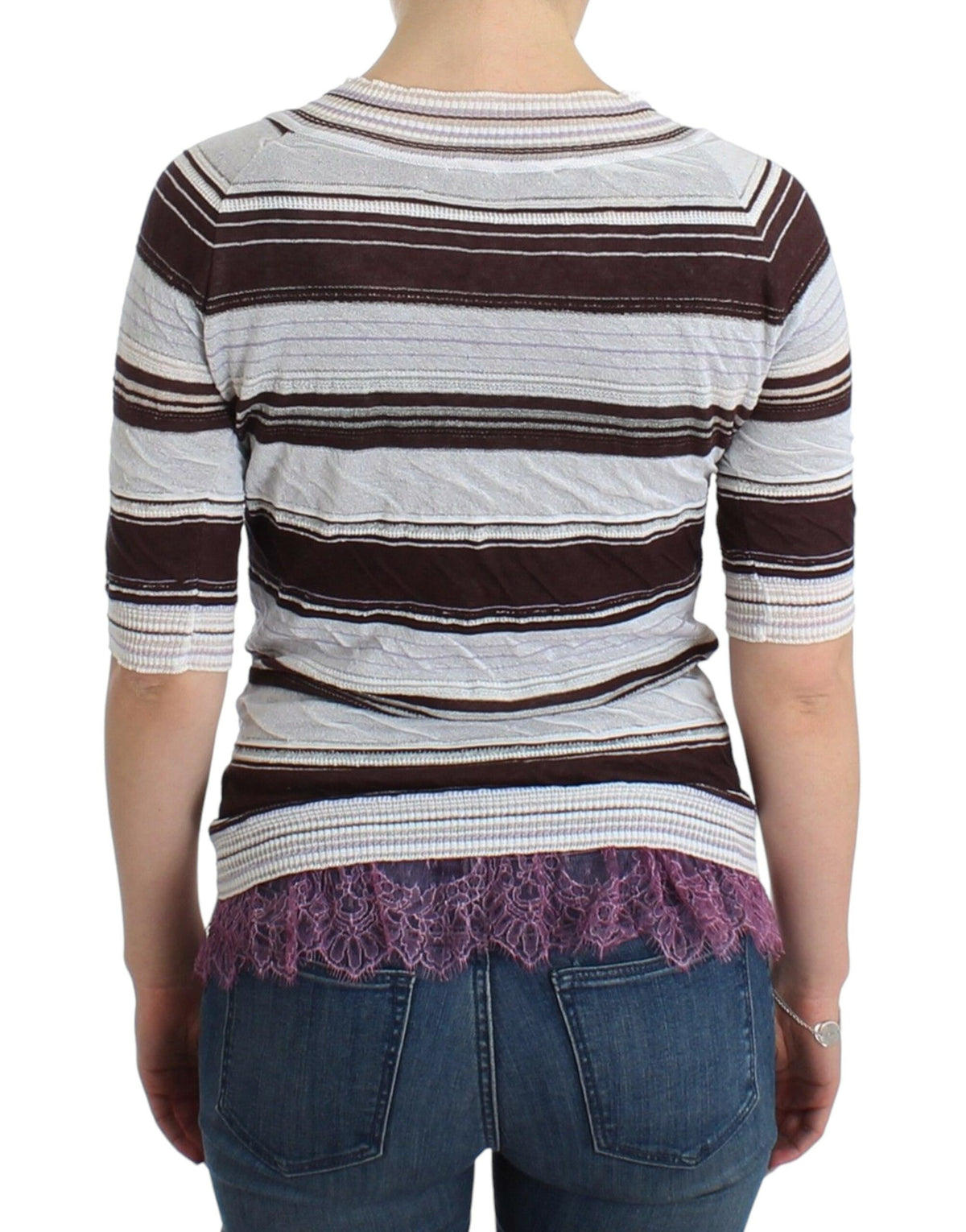 Ermanno Scervino Striped Lace V-Neck Short Sleeve Top Women's Sweater