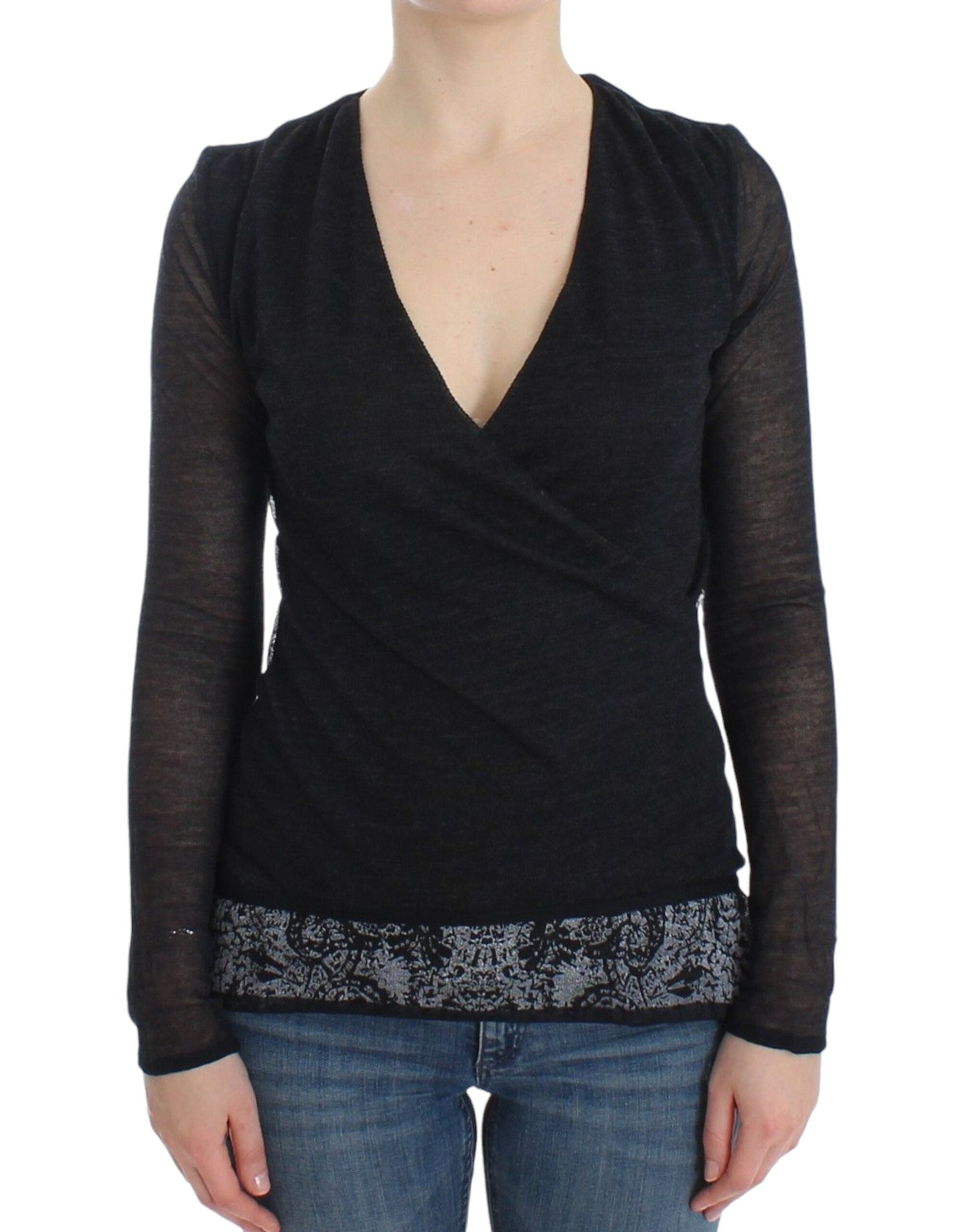 Ermanno Scervino Deep V-neck Black Wool Blend Women's Sweater