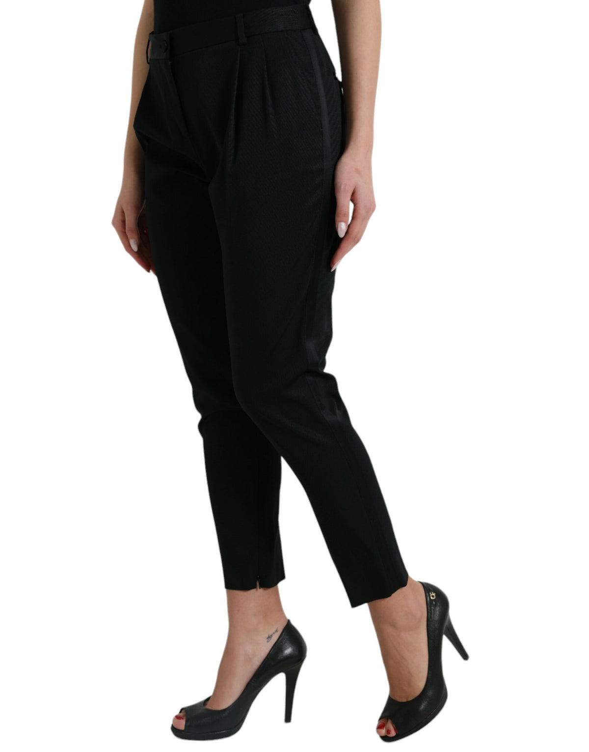 Dolce & Gabbana Black Wool High Waist Cropped Tapered Women's Pants