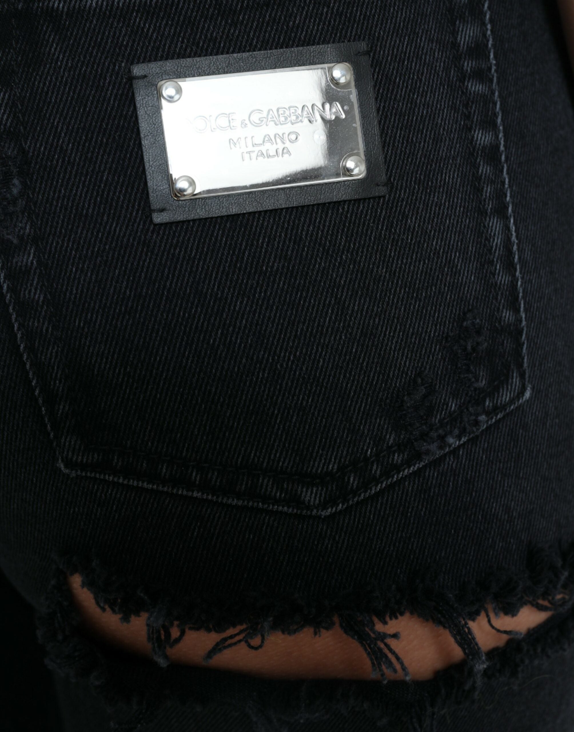 Dolce & Gabbana Black Cotton High Waist Tattered Denim Women's Jeans