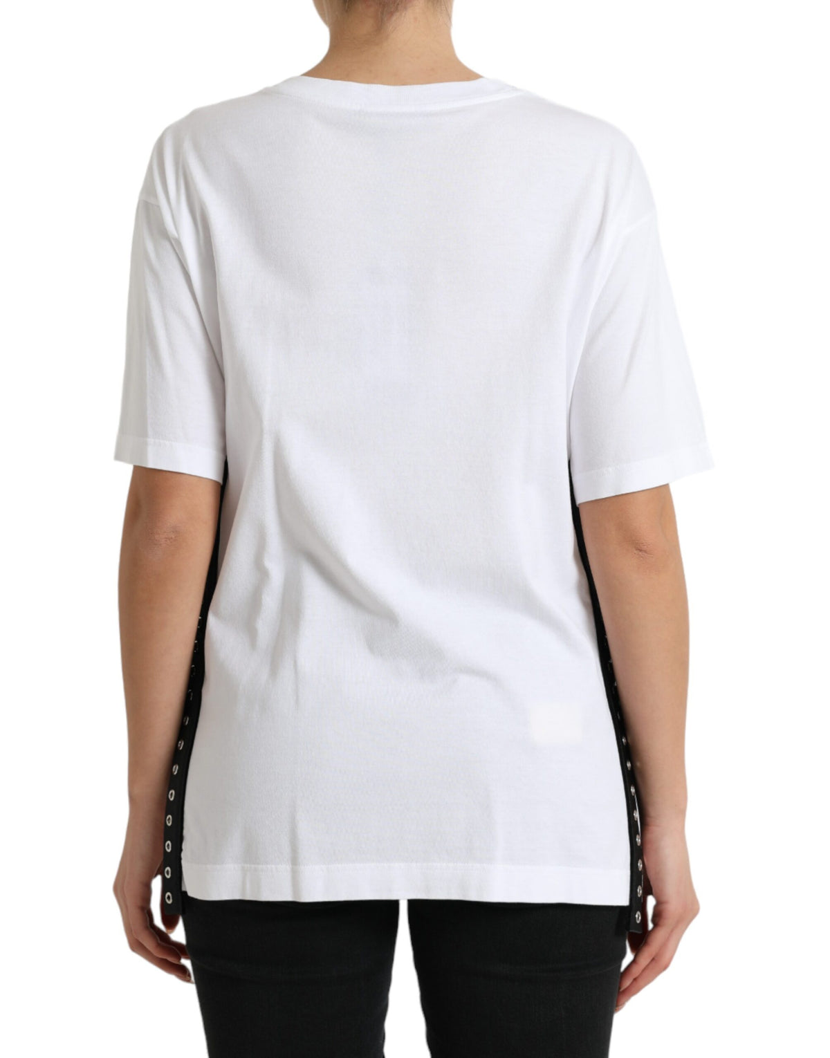 Dolce & Gabbana White Slogan Print Lacing Detailed Women's T-shirt