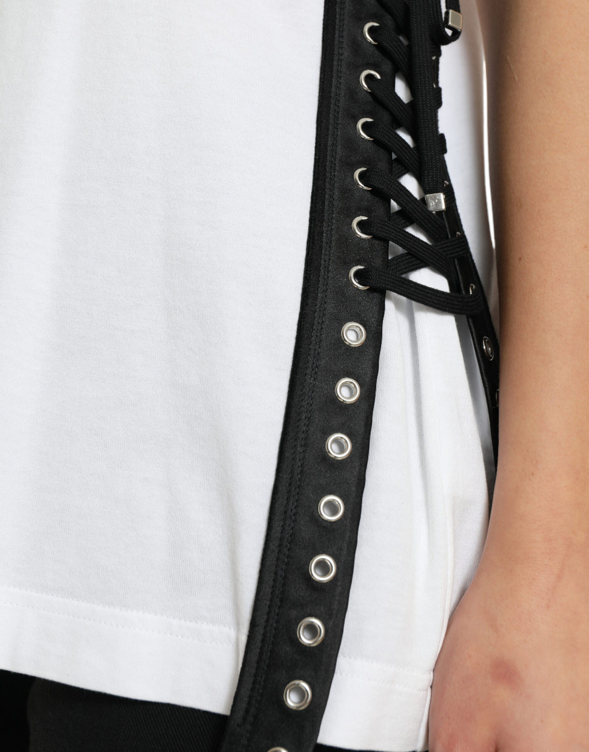 Dolce & Gabbana White Slogan Print Lacing Detailed Women's T-shirt