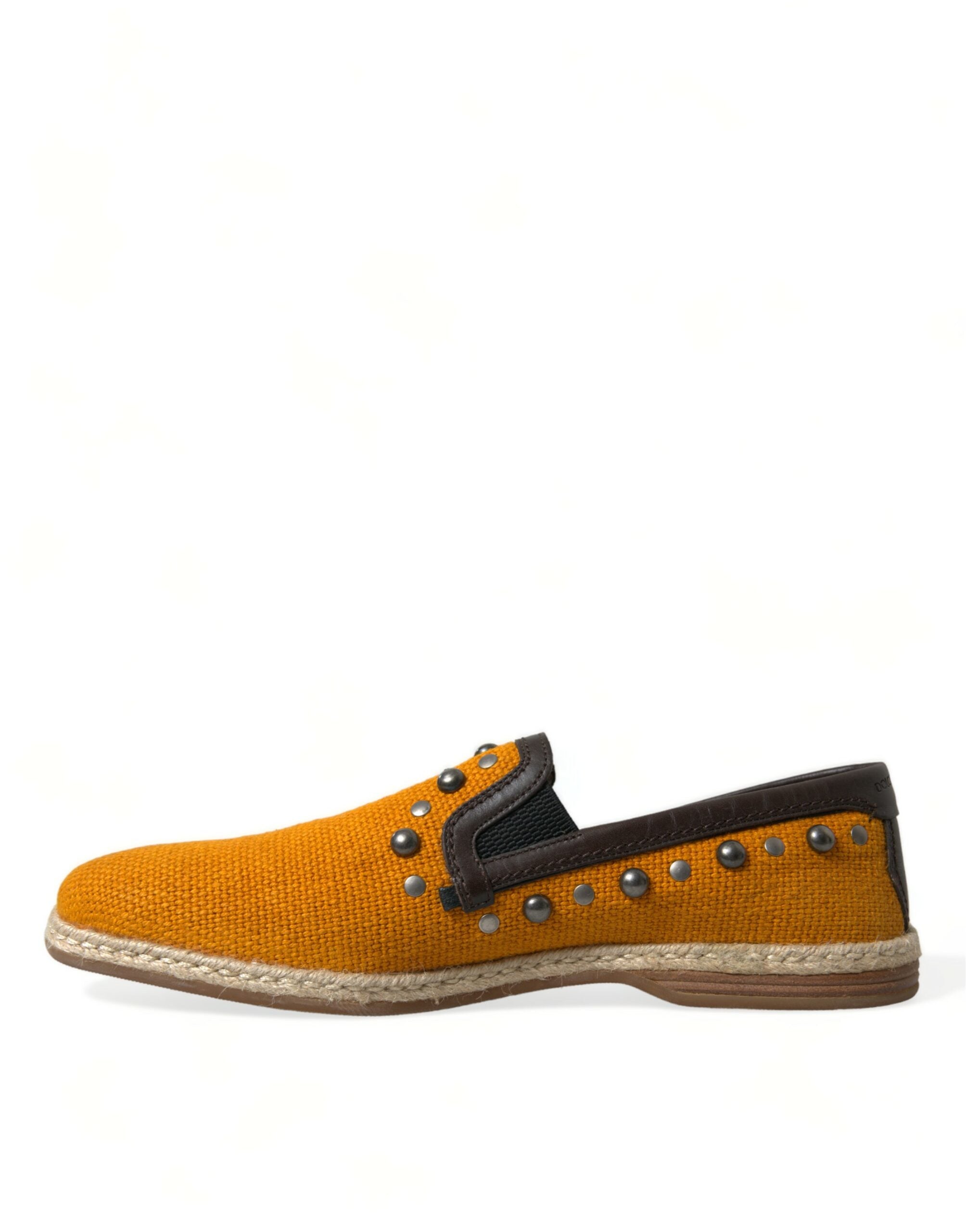 Dolce & Gabbana Orange Linen Leather Studded Loafers Men's Shoes