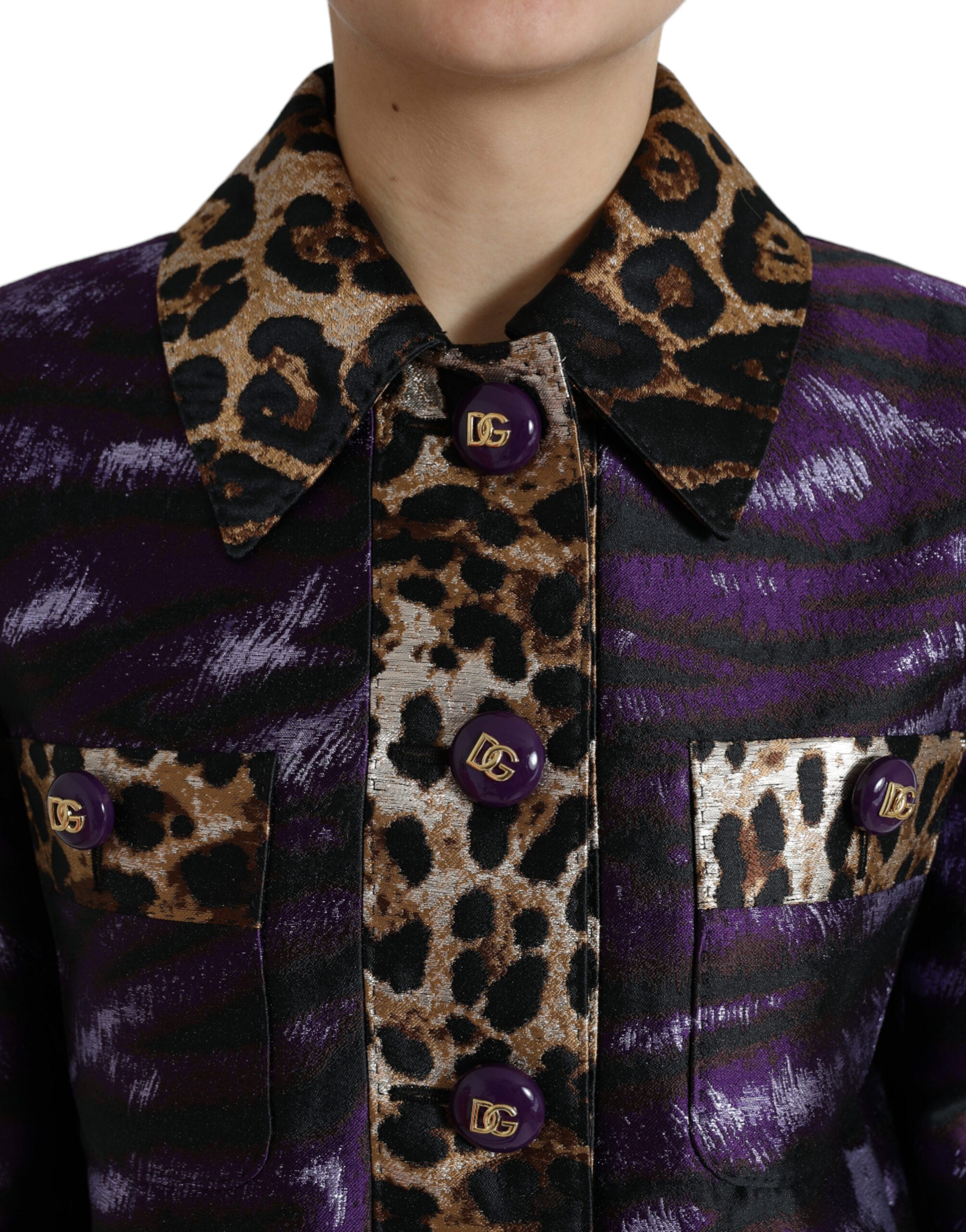 Dolce & Gabbana Purple Lamé Jacquard Tiger Print Coat Women's Jacket