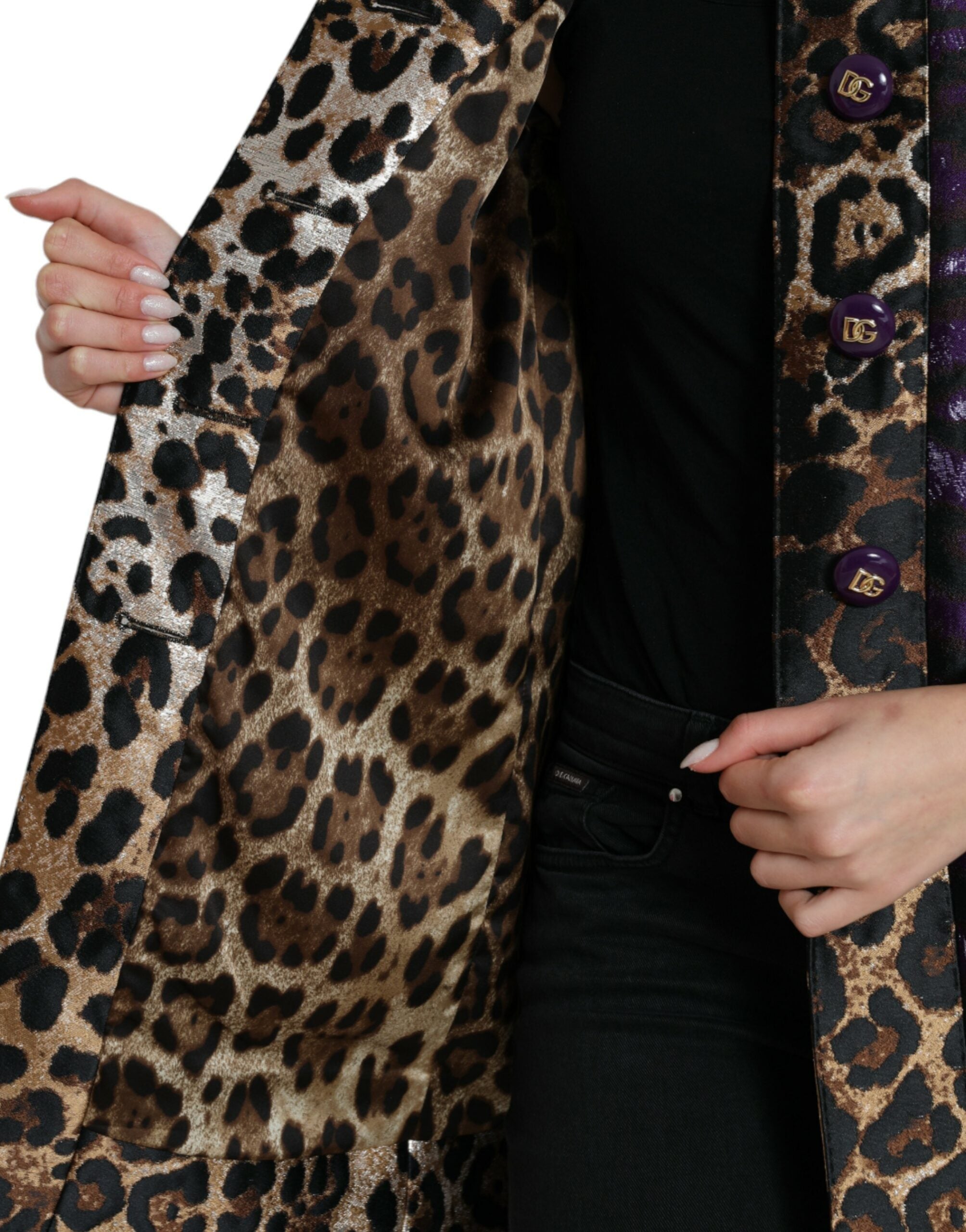 Dolce & Gabbana Purple Lamé Jacquard Tiger Print Coat Women's Jacket