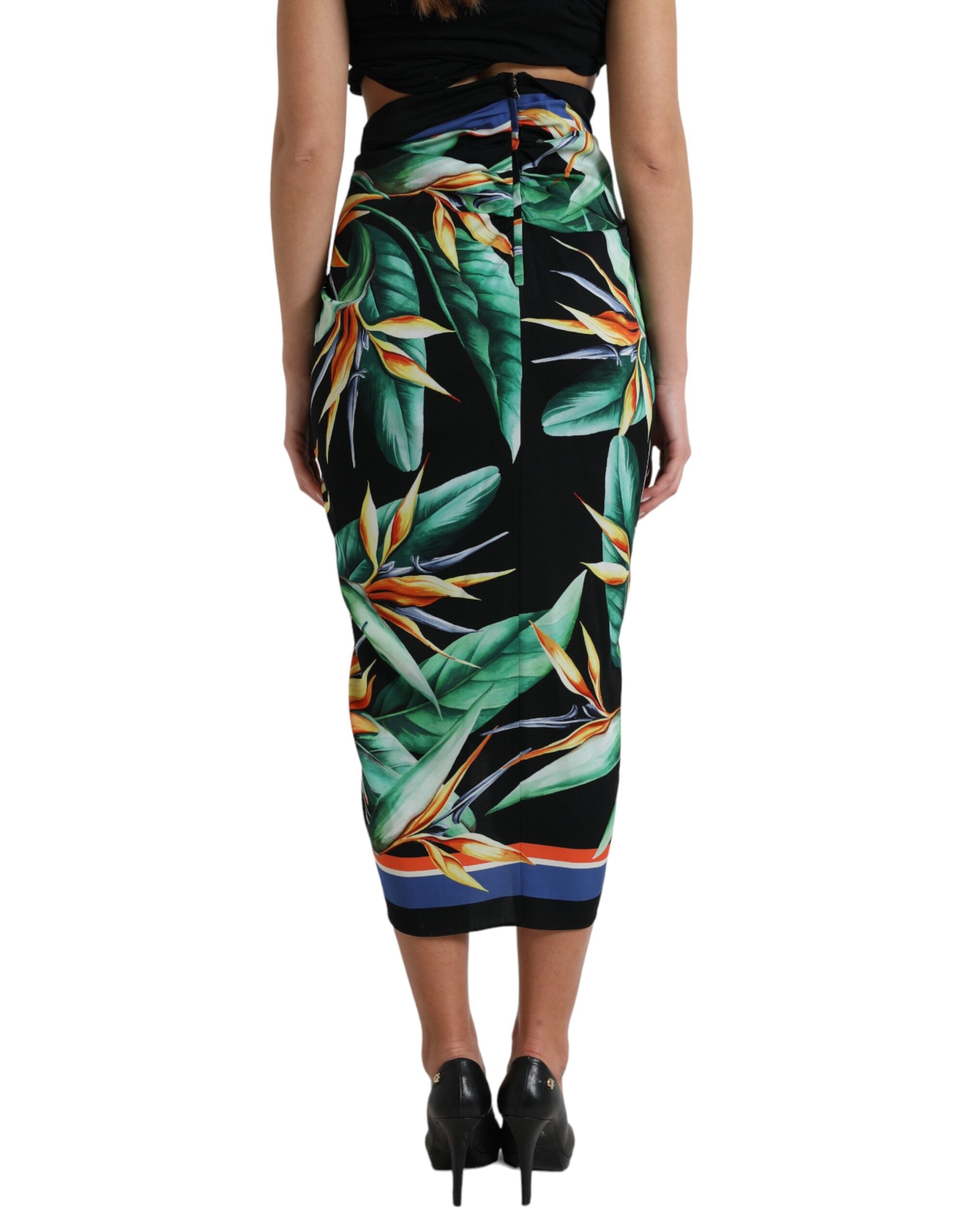 Dolce & Gabbana Black Strelitzia High Waist Wrap Midi Women's Skirt (Pre-Owned)