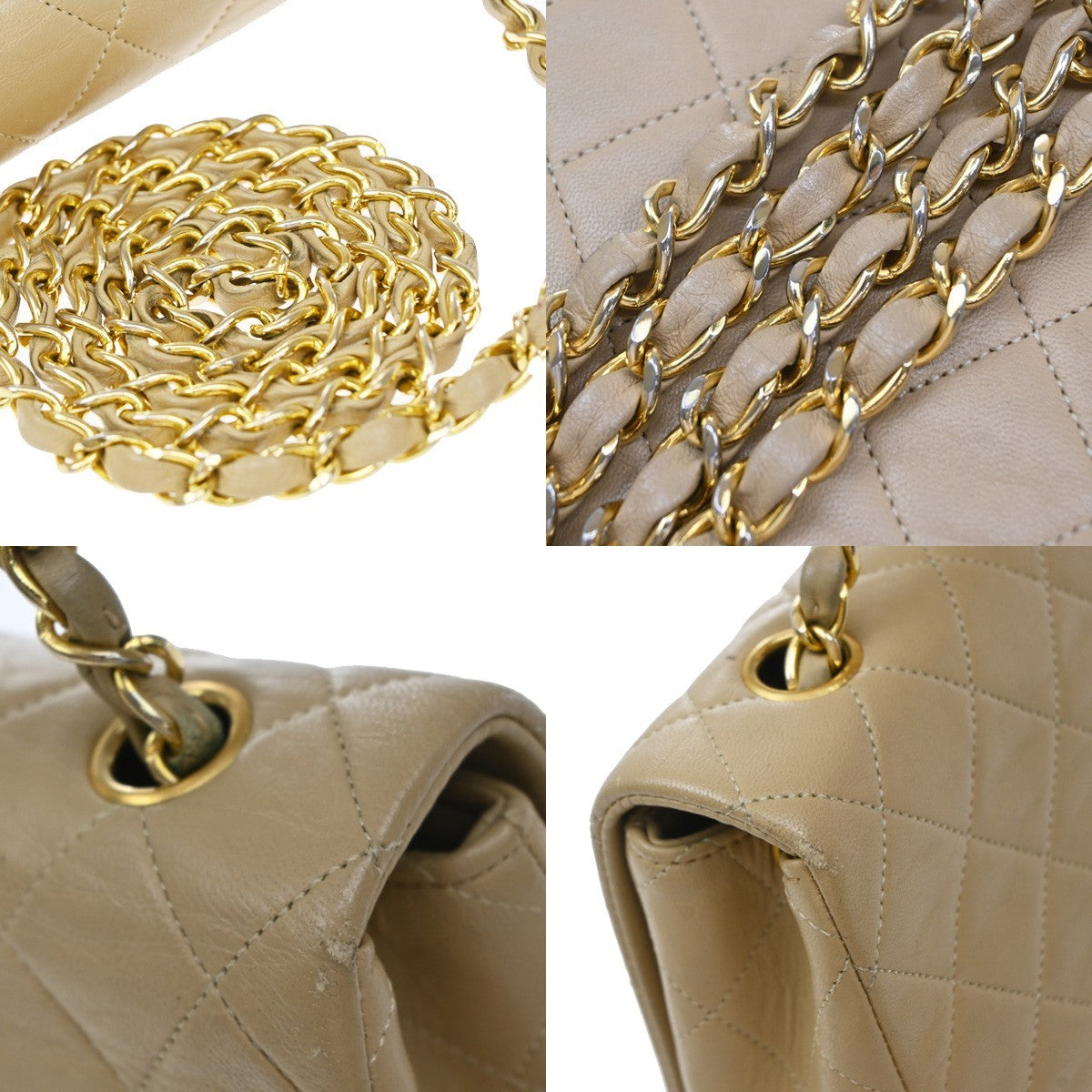 Chanel Vintage Full Flap Quilted Lambskin Beige Leather Shoulder Bag Bag (Pre-Owned)