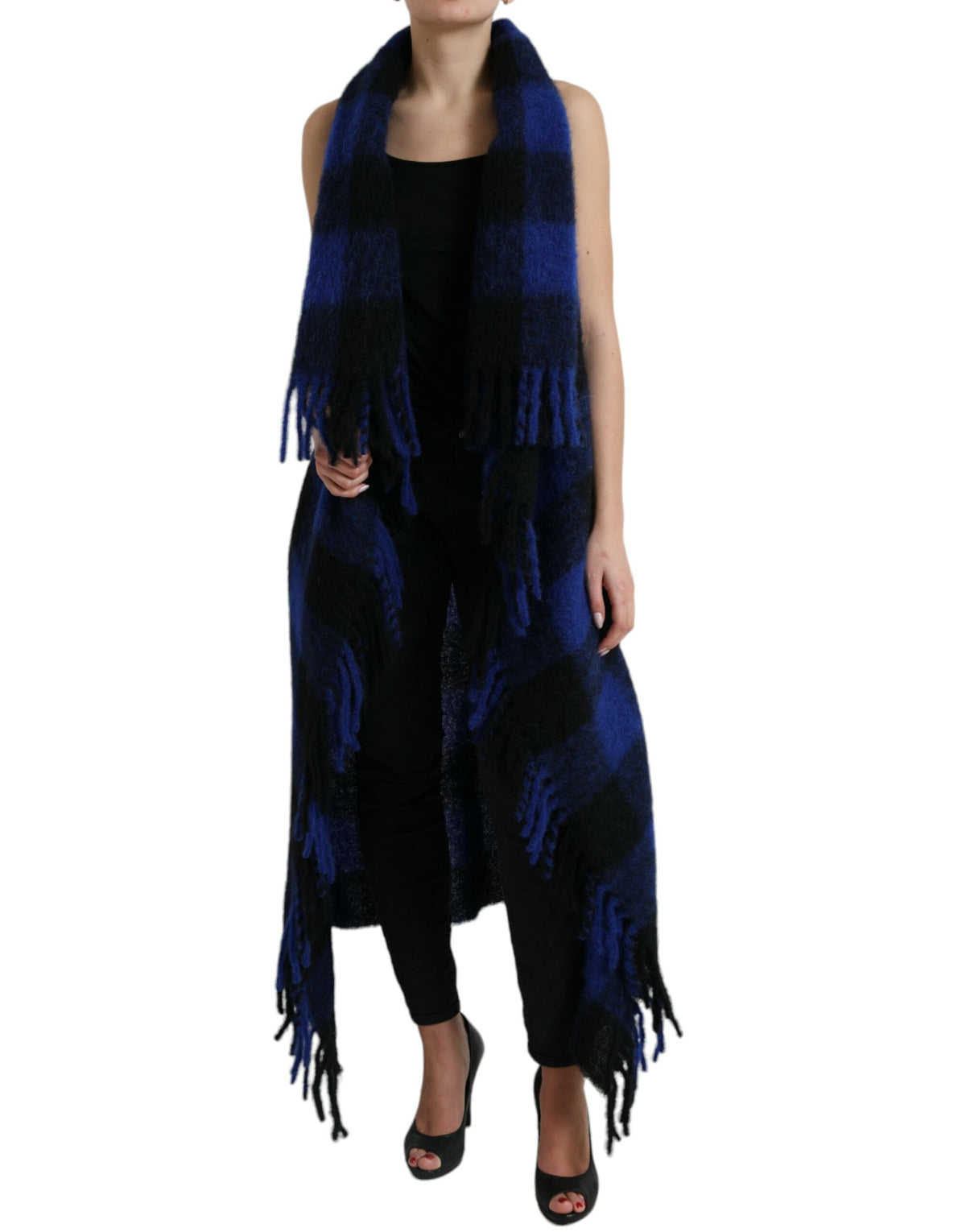 Dolce & Gabbana Black Blue Buffalo Check Poncho Coat Women's Sweater
