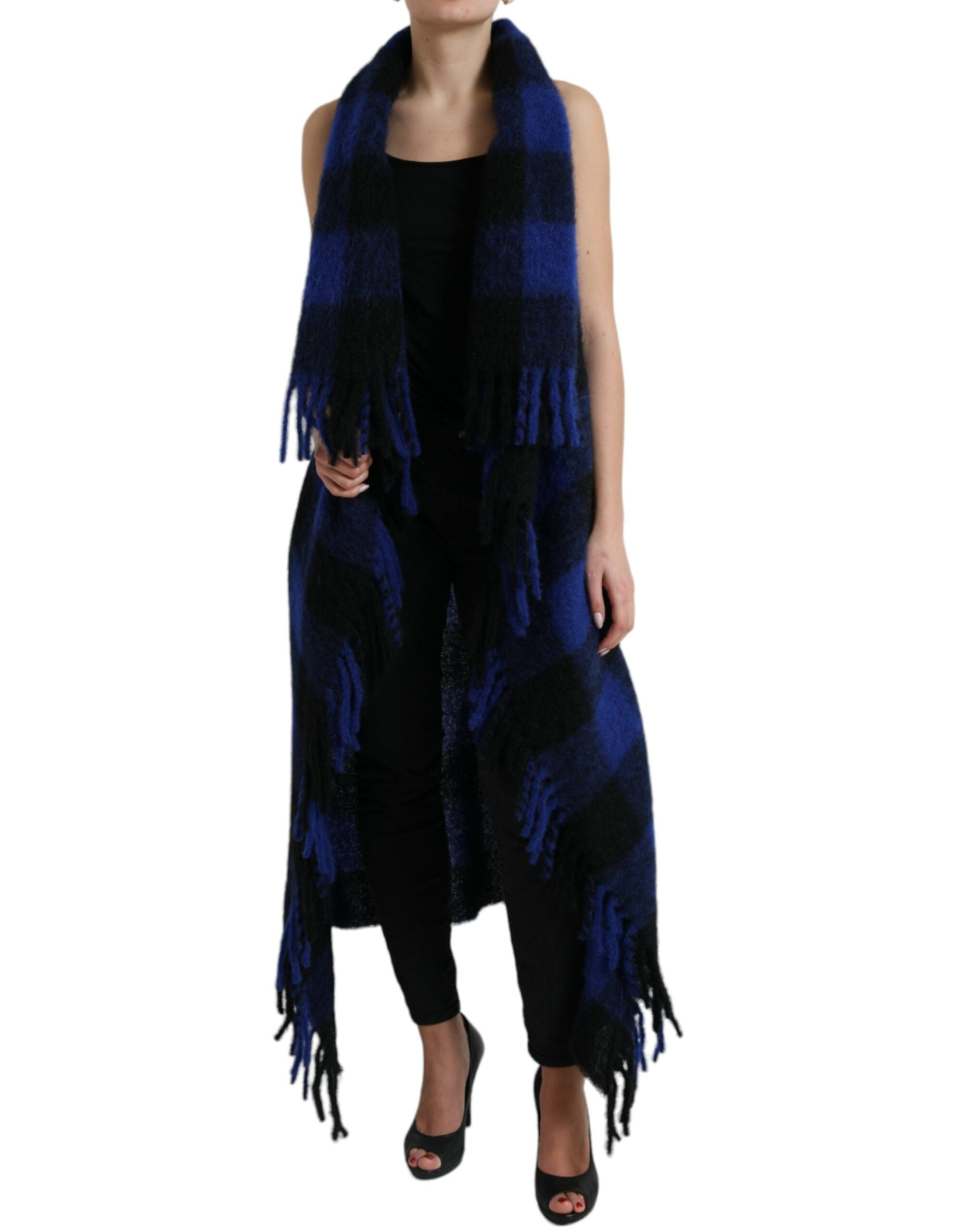 Dolce & Gabbana Black Blue Buffalo Check Poncho Coat Women's Sweater