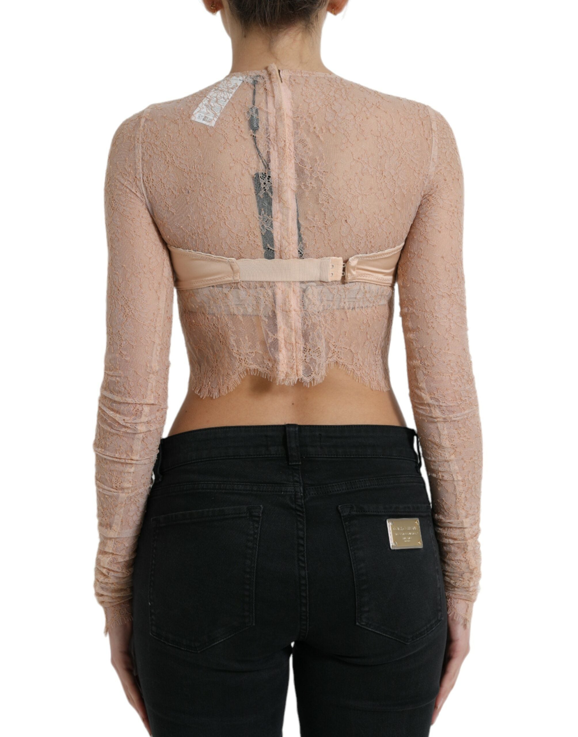 Dolce & Gabbana Beige Nylon Floral Lace Bustier Cropped Women's Top