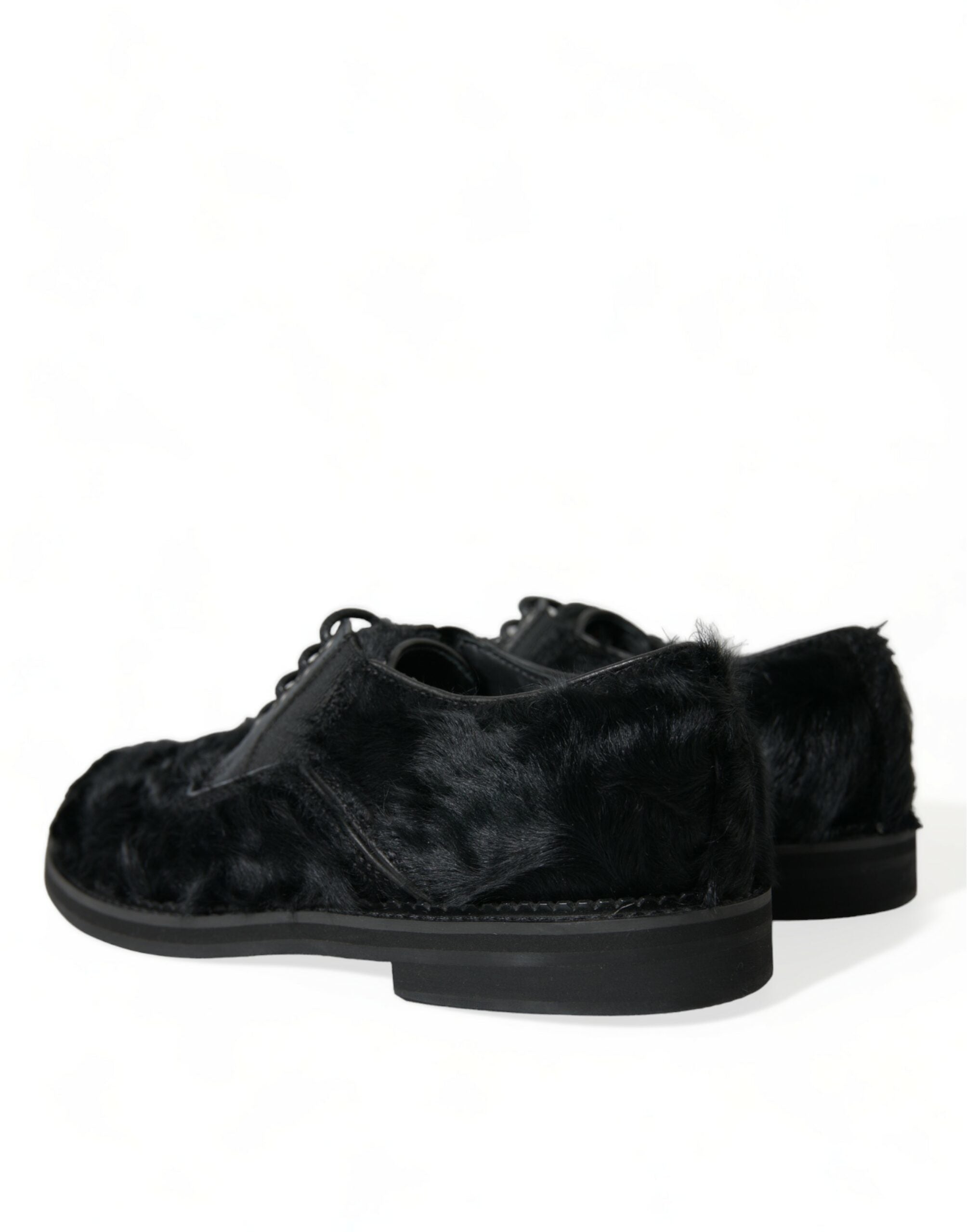Dolce & Gabbana Black Fur Leather Lace Up Derby Dress Men's Shoes