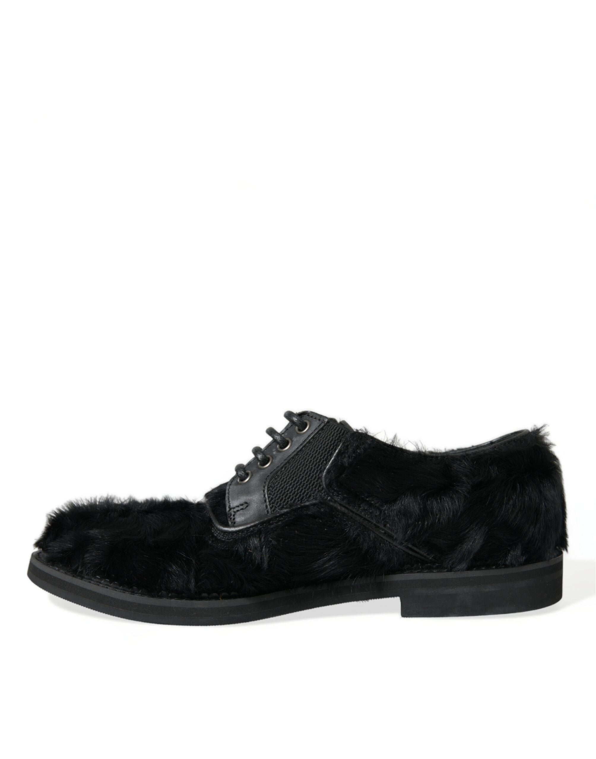 Dolce & Gabbana Black Fur Leather Lace Up Derby Dress Men's Shoes