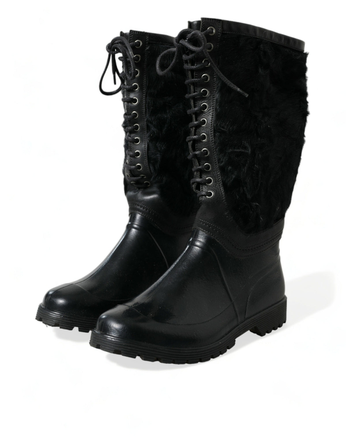 Dolce & Gabbana Black Rubber Lace Up Shearling Rain Boots Men's Shoes