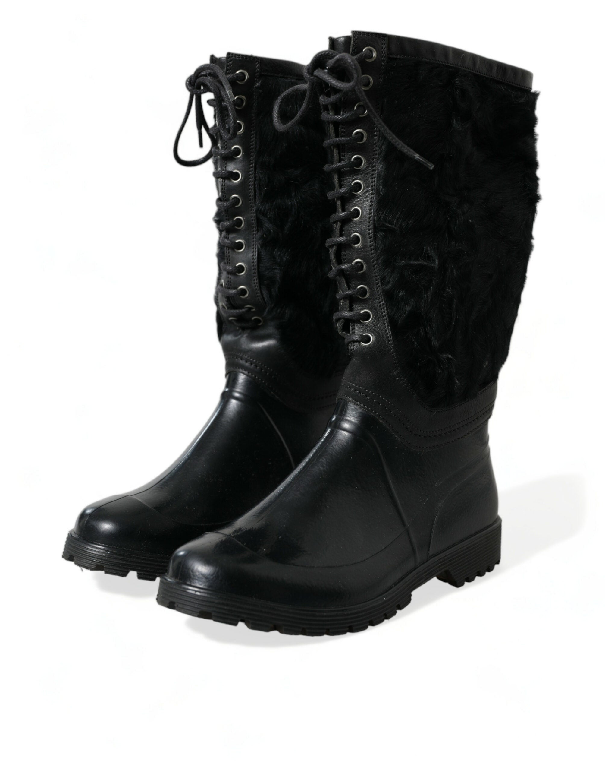 Dolce & Gabbana Black Rubber Lace Up Shearling Rain Boots Men's Shoes