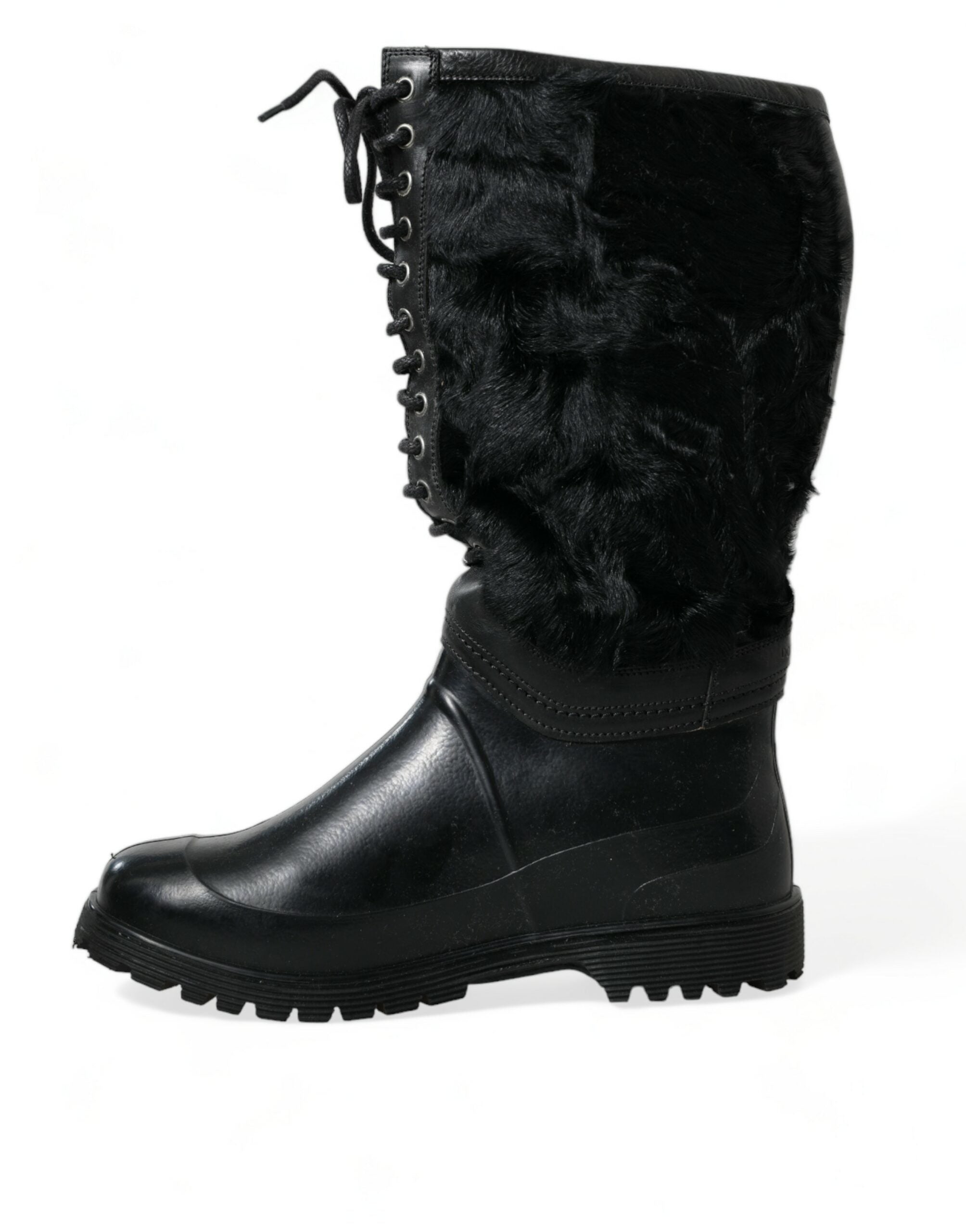 Dolce & Gabbana Black Rubber Lace Up Shearling Rain Boots Men's Shoes