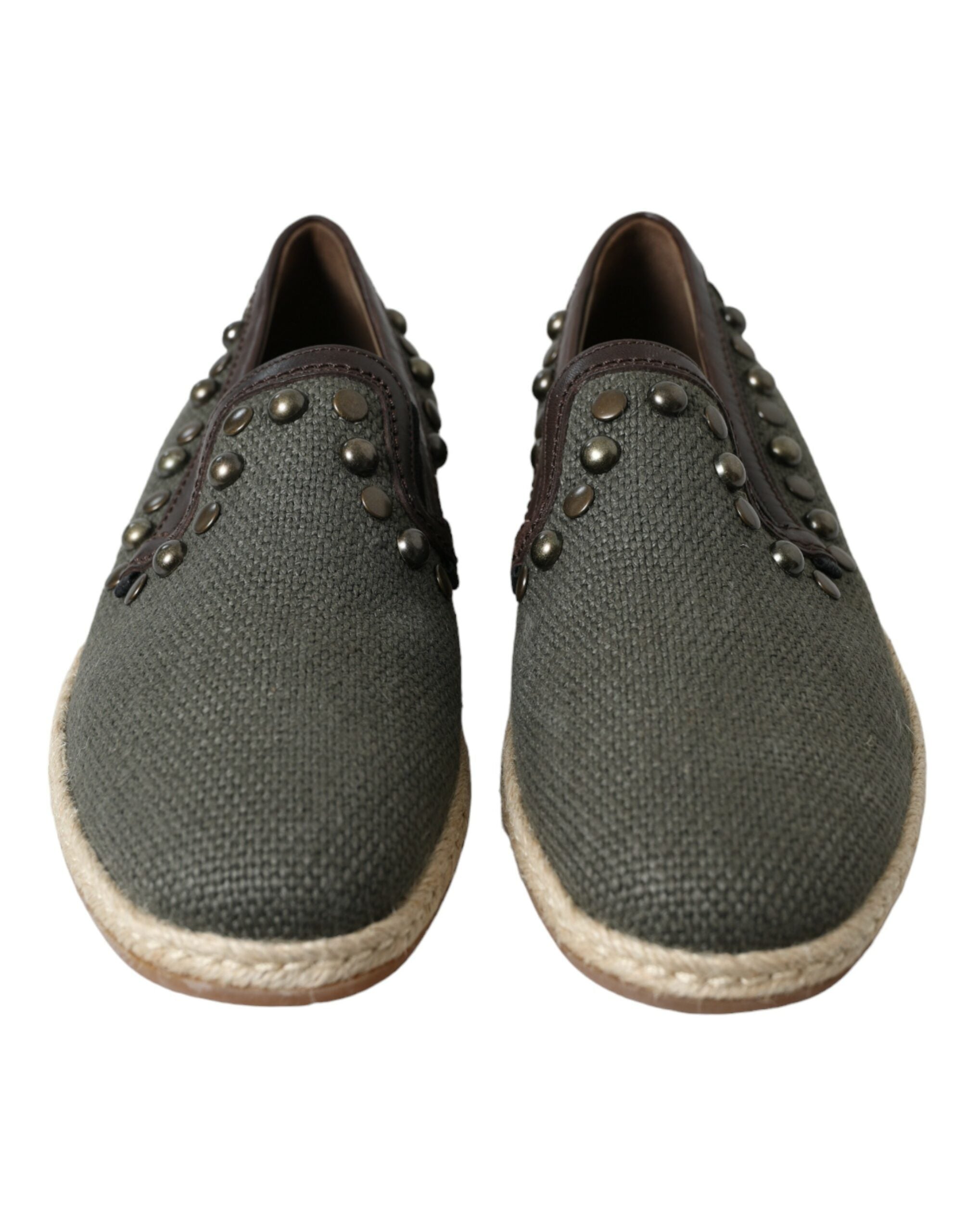 Dolce & Gabbana Gray Linen Leather Studded Loafers Men's Shoes