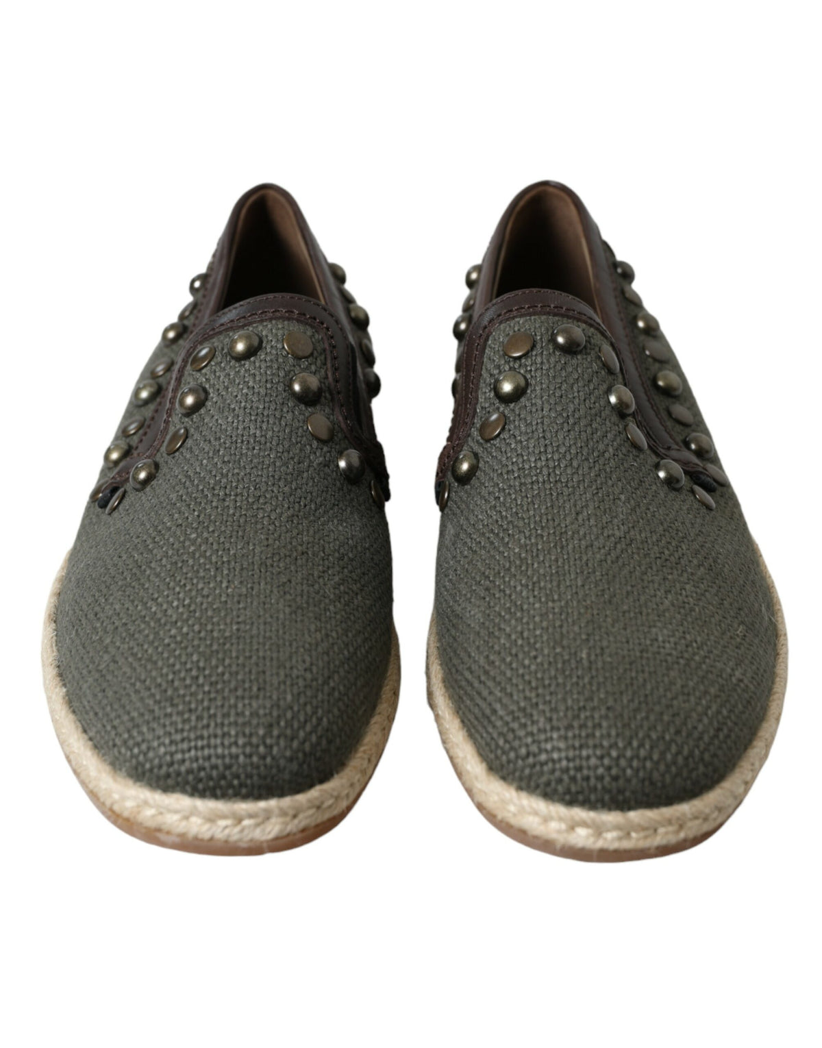 Dolce & Gabbana Gray Linen Leather Studded Loafers Men's Shoes