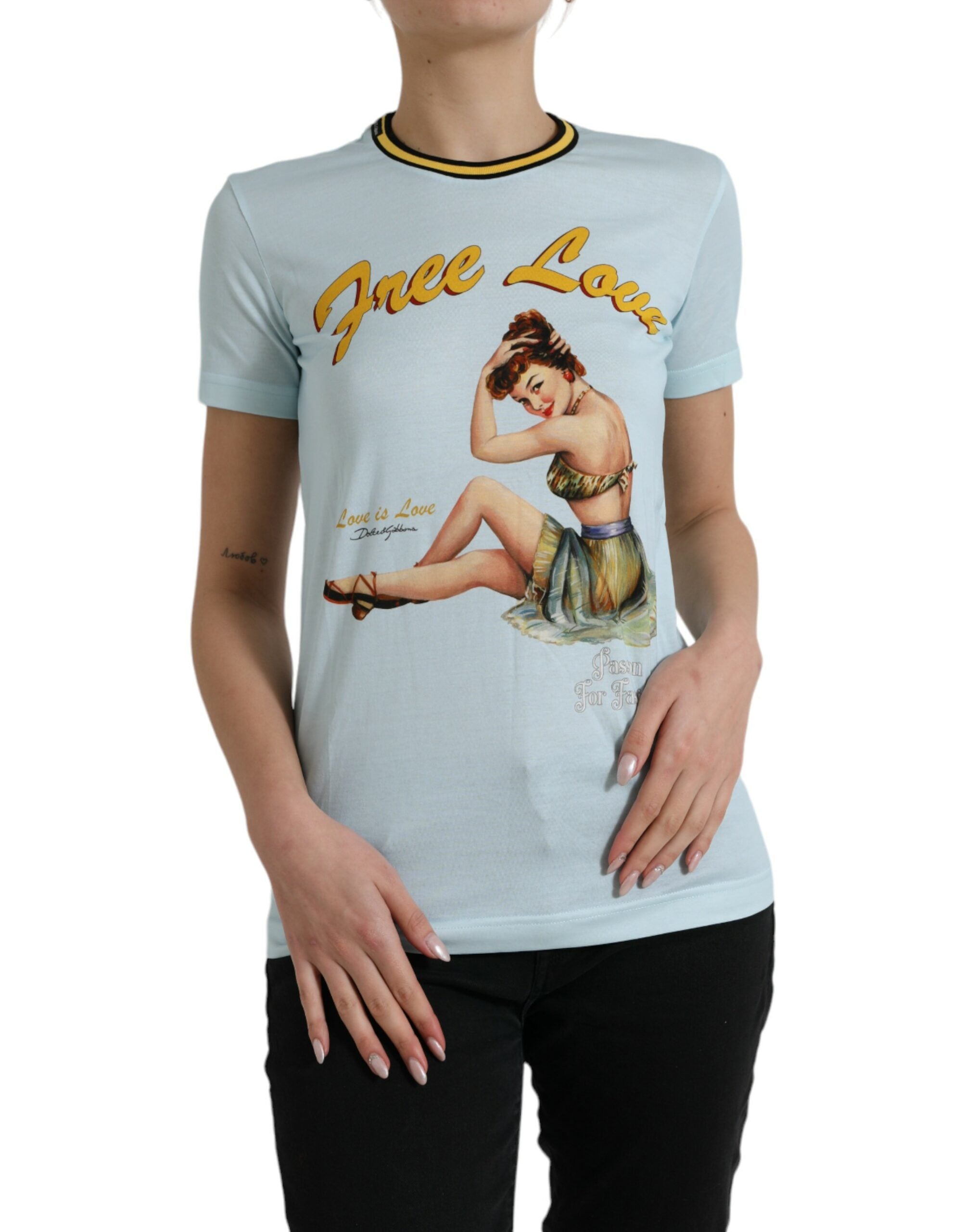 Dolce & Gabbana Light Blue Cotton Free Love Crew Neck Women's T-shirt