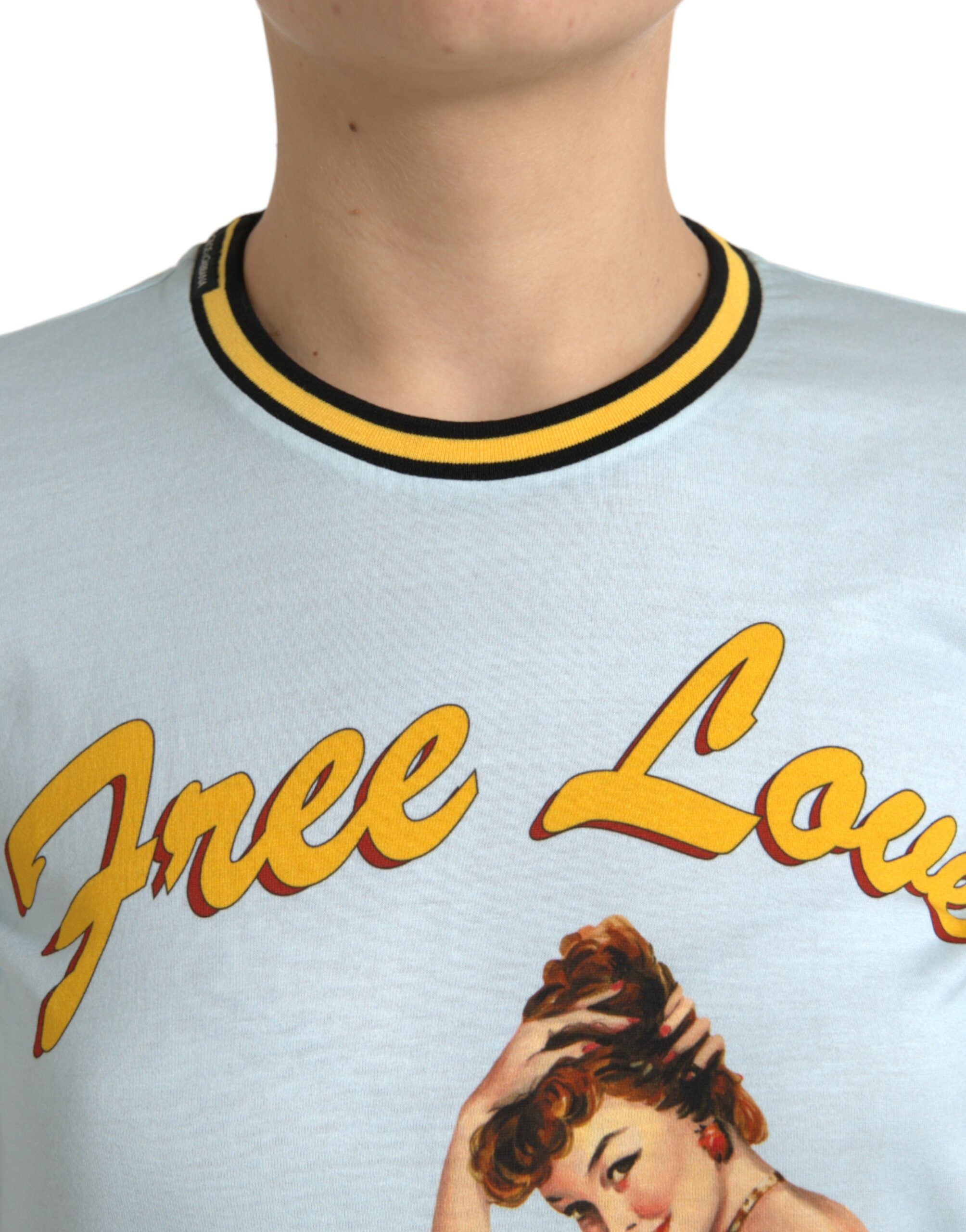 Dolce & Gabbana Light Blue Cotton Free Love Crew Neck Women's T-shirt