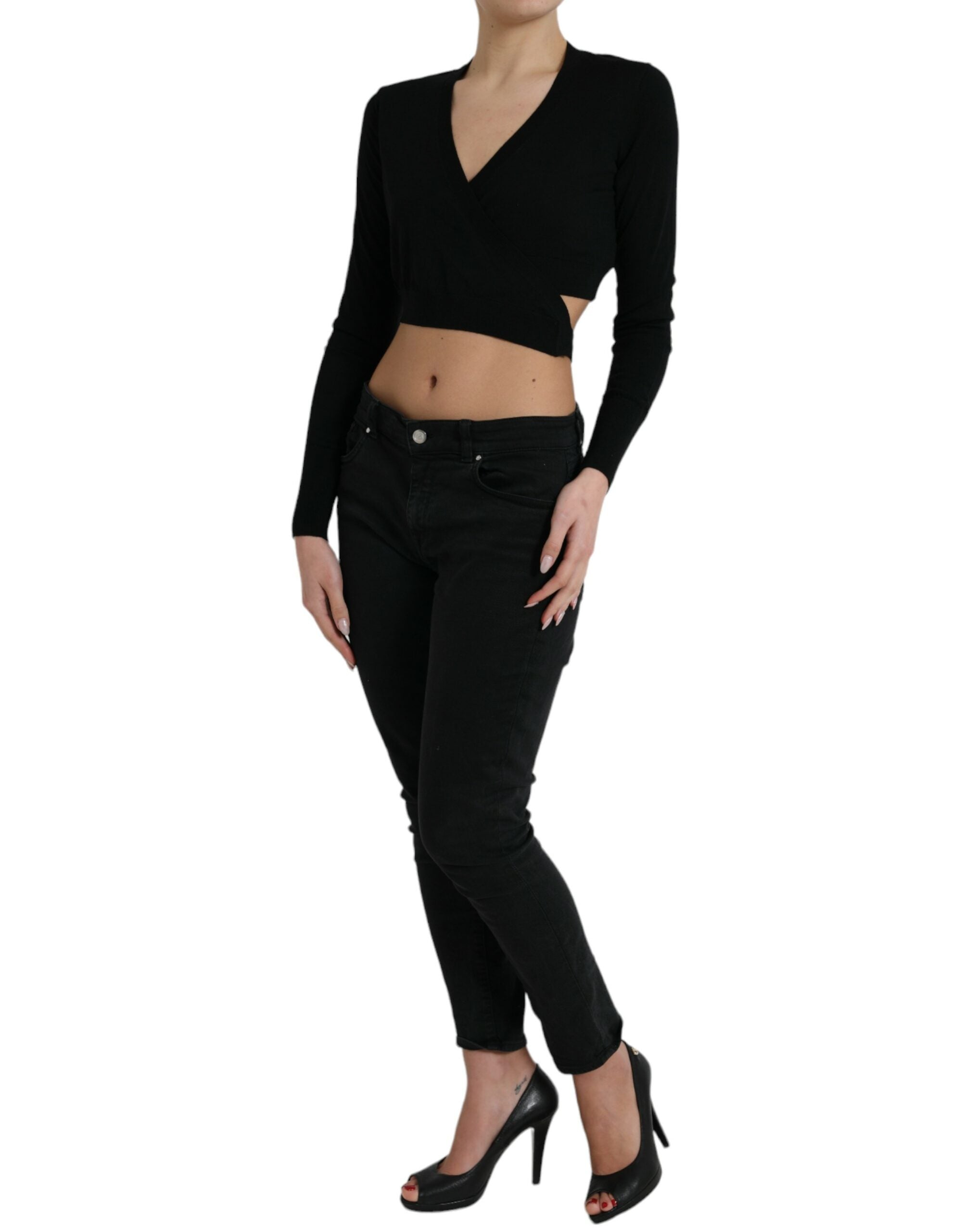 Dolce & Gabbana Black Wool V-neck Crossed Cardigan Women's Sweater