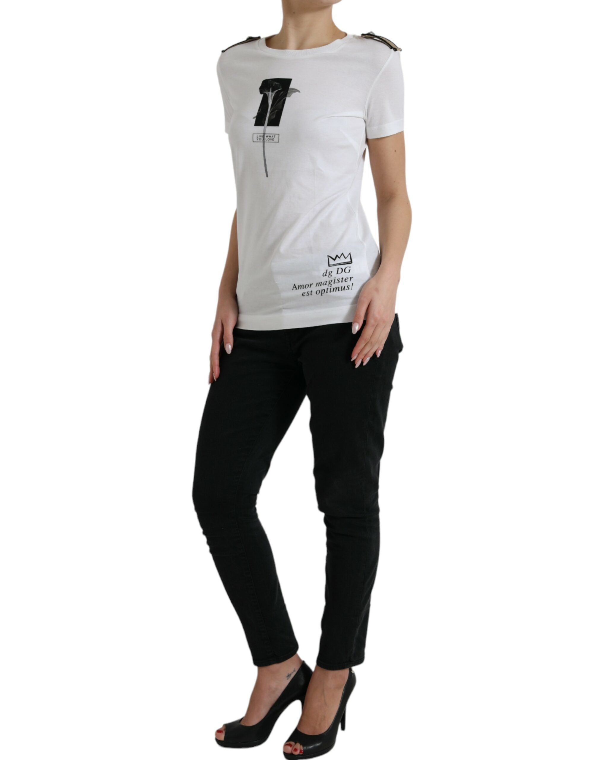 Dolce & Gabbana White Black Roses Crewneck Cotton Women's T-shirt
