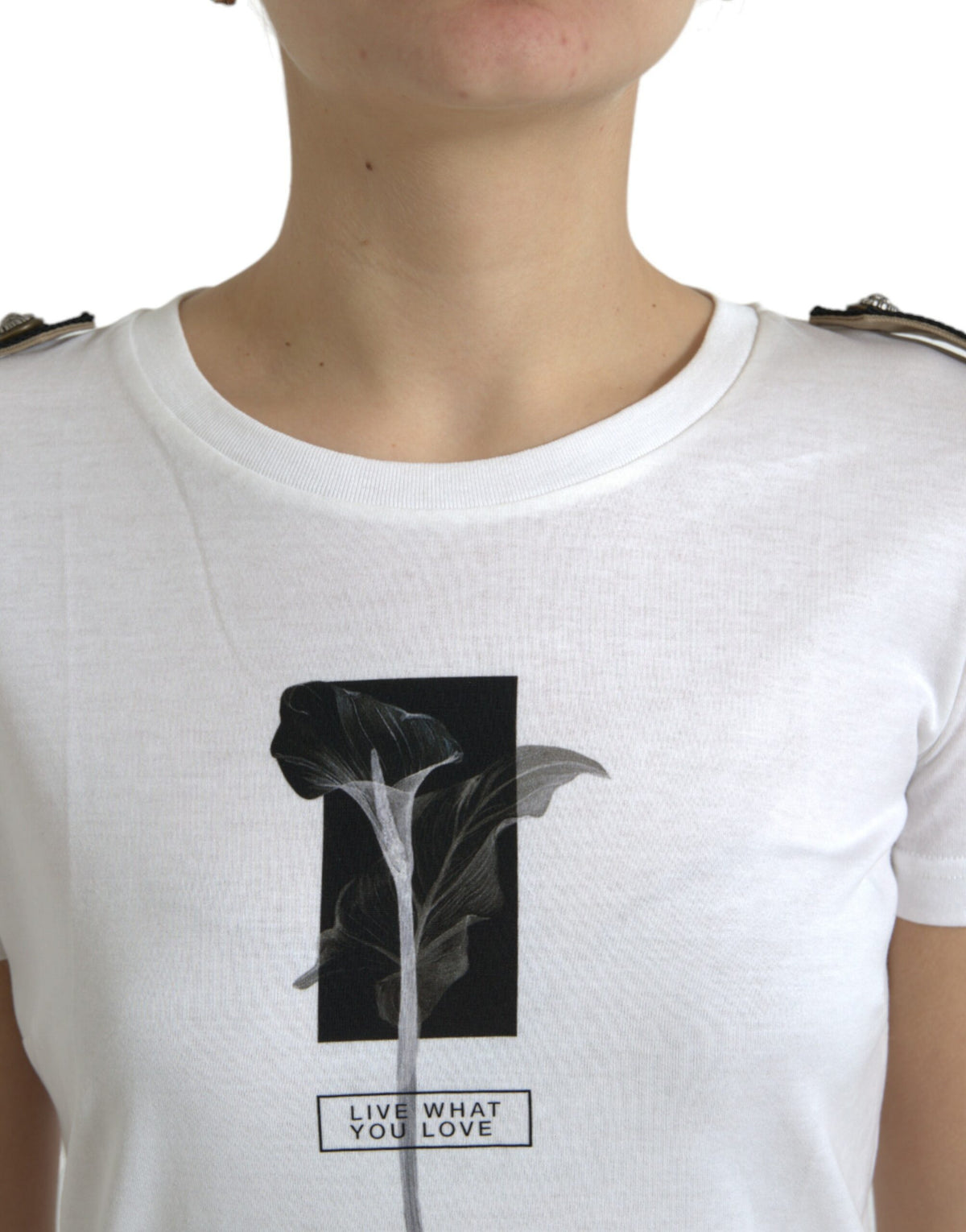 Dolce & Gabbana White Black Roses Crewneck Cotton Women's T-shirt