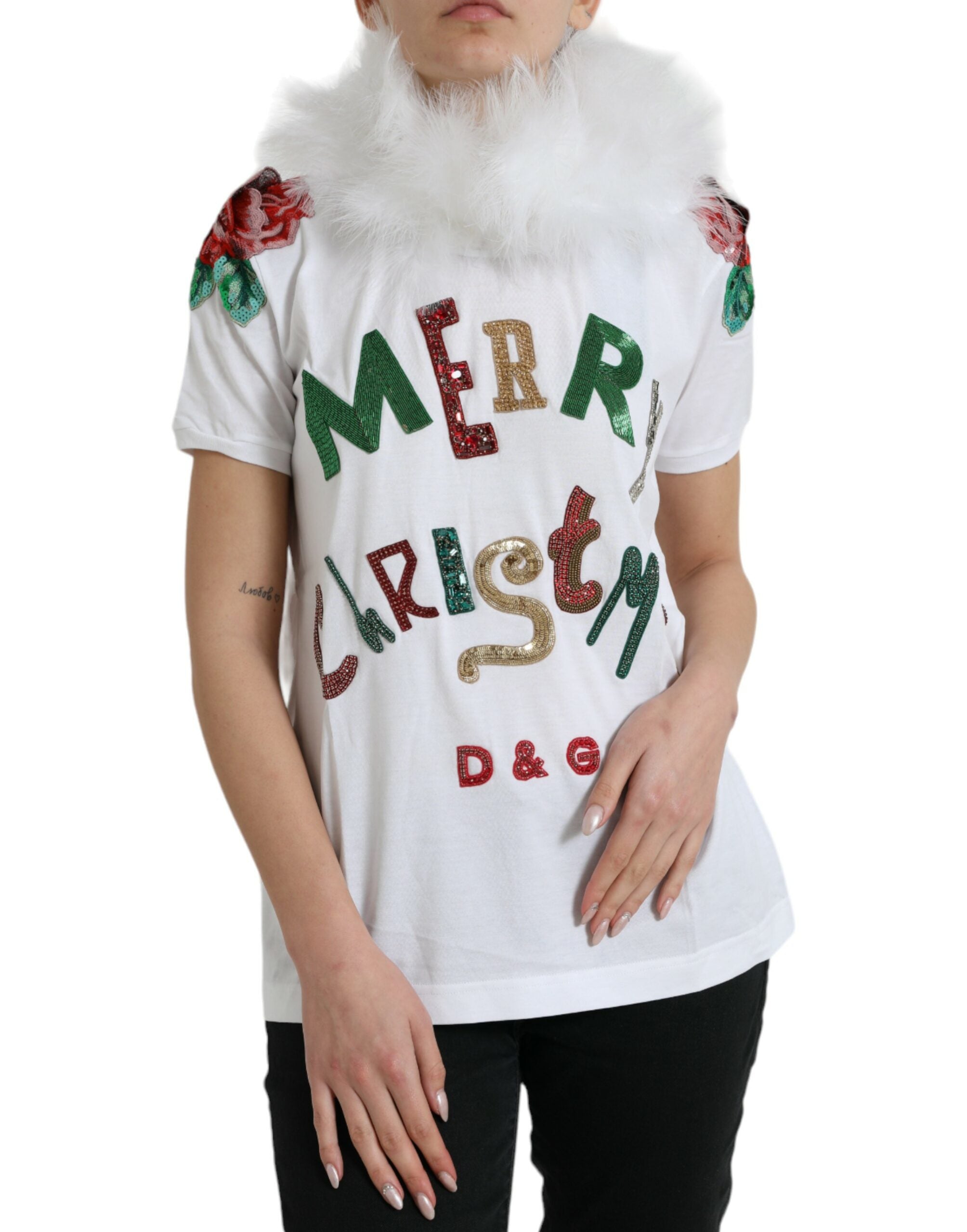 Dolce & Gabbana White Cotton Christmas Sequin Fur Women's T-shirt