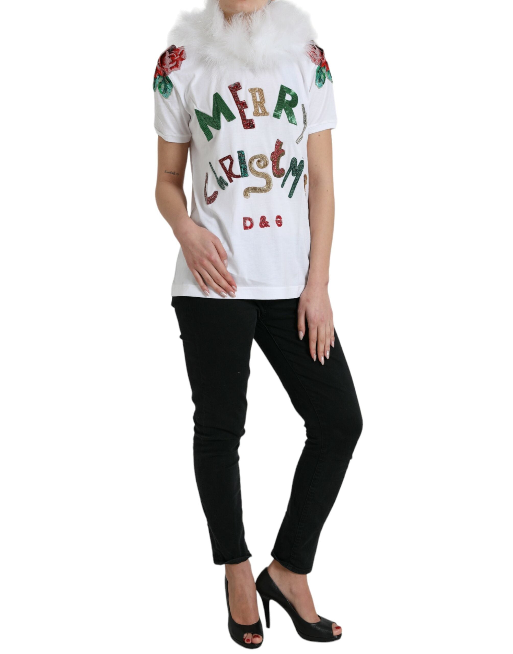 Dolce & Gabbana White Cotton Christmas Sequin Fur Women's T-shirt