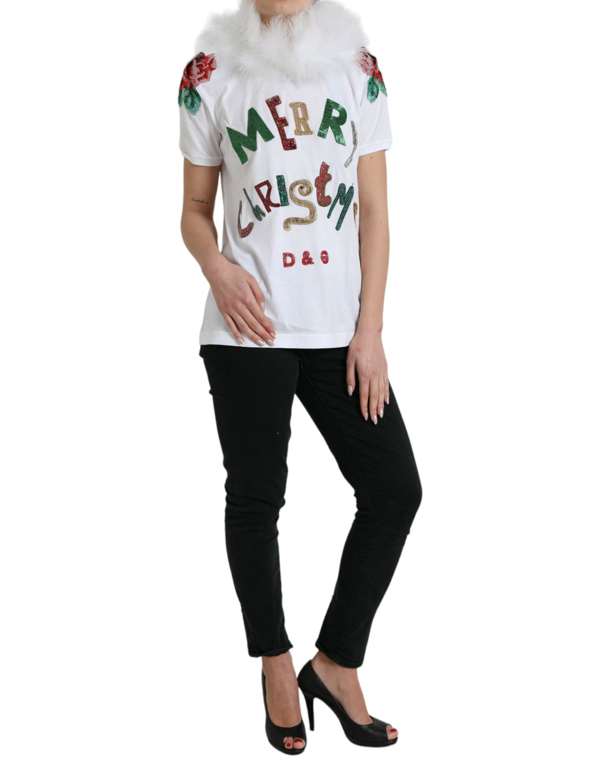 Dolce & Gabbana White Cotton Christmas Sequin Fur Women's T-shirt
