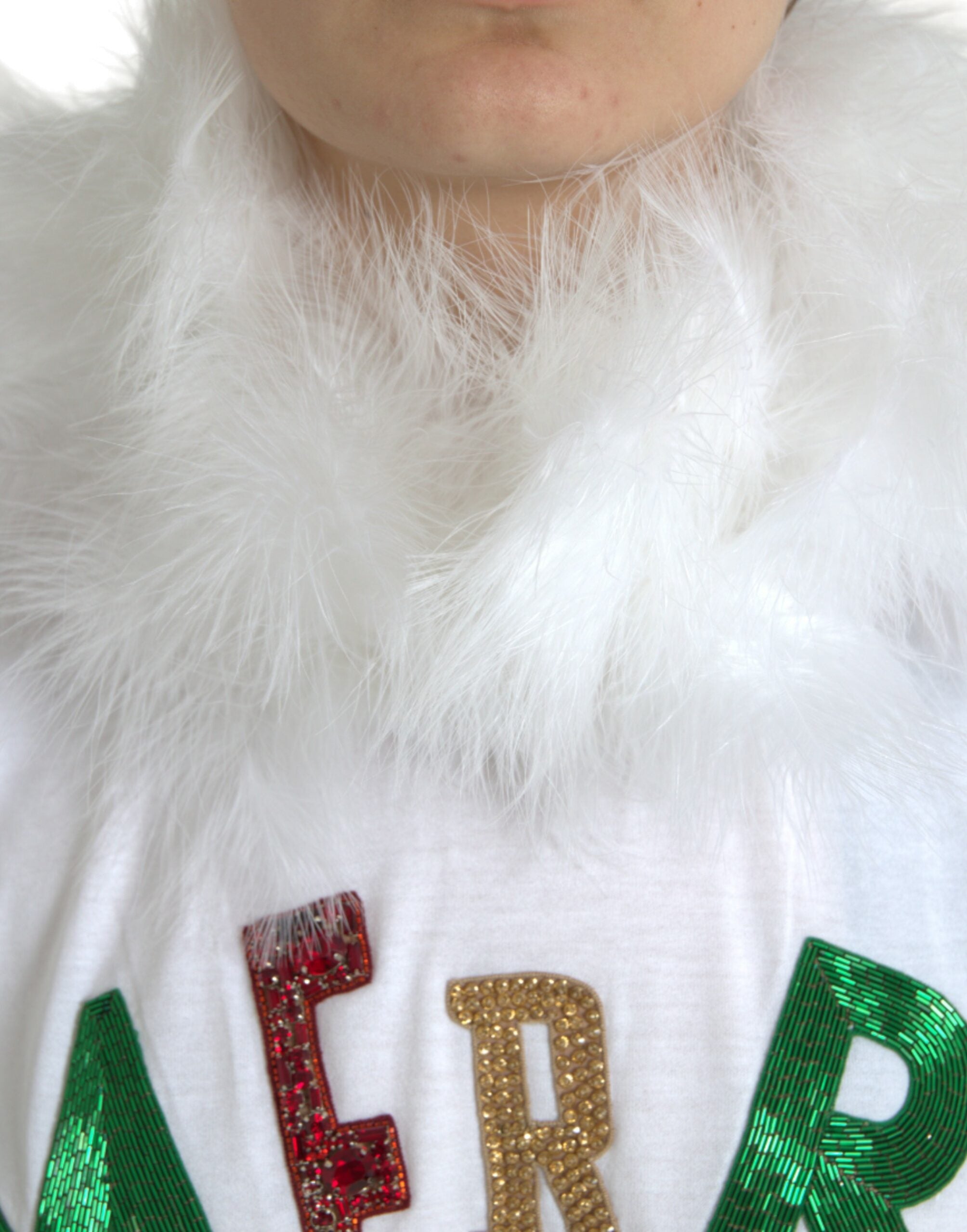 Dolce & Gabbana White Cotton Christmas Sequin Fur Women's T-shirt