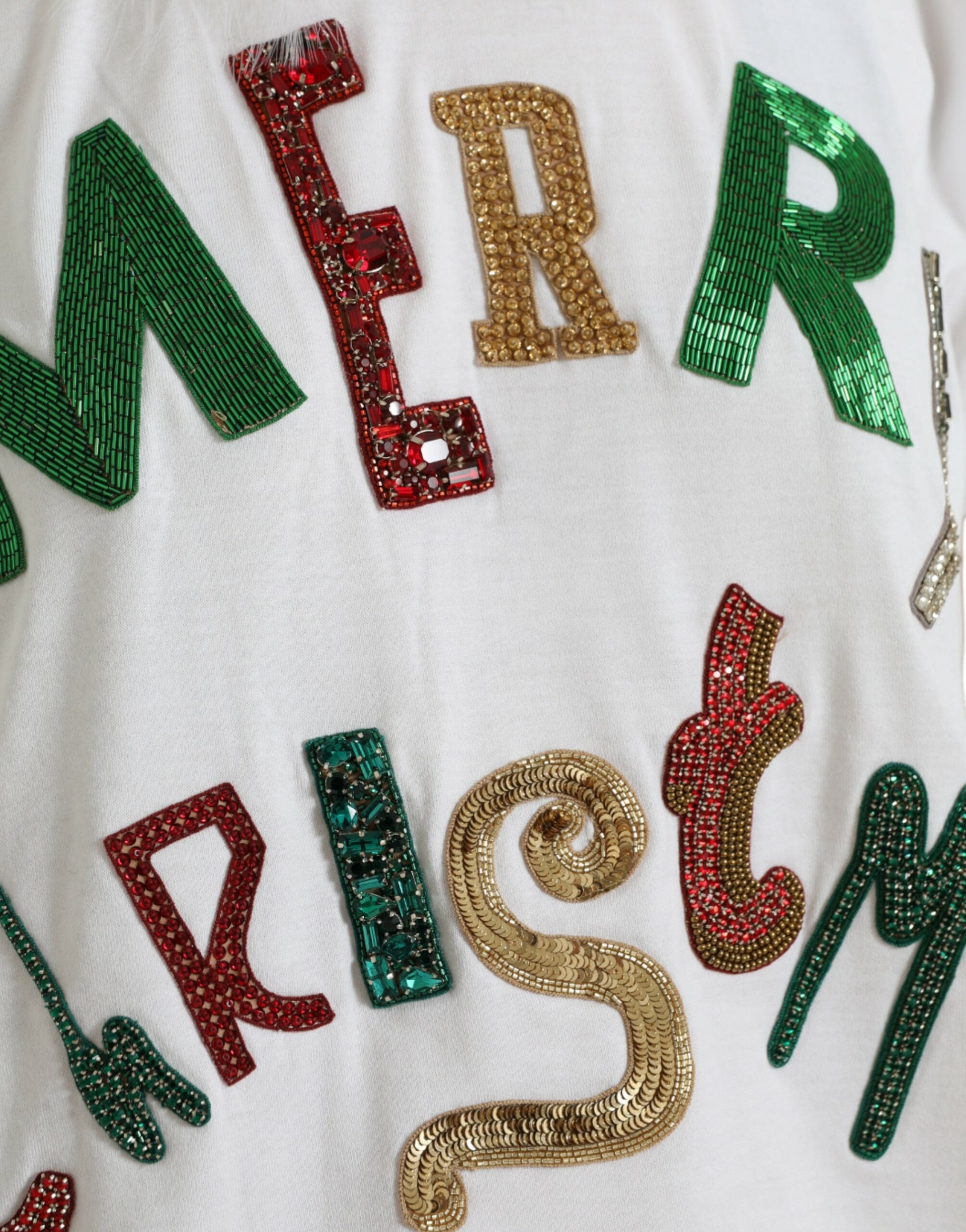 Dolce & Gabbana White Cotton Christmas Sequin Fur Women's T-shirt