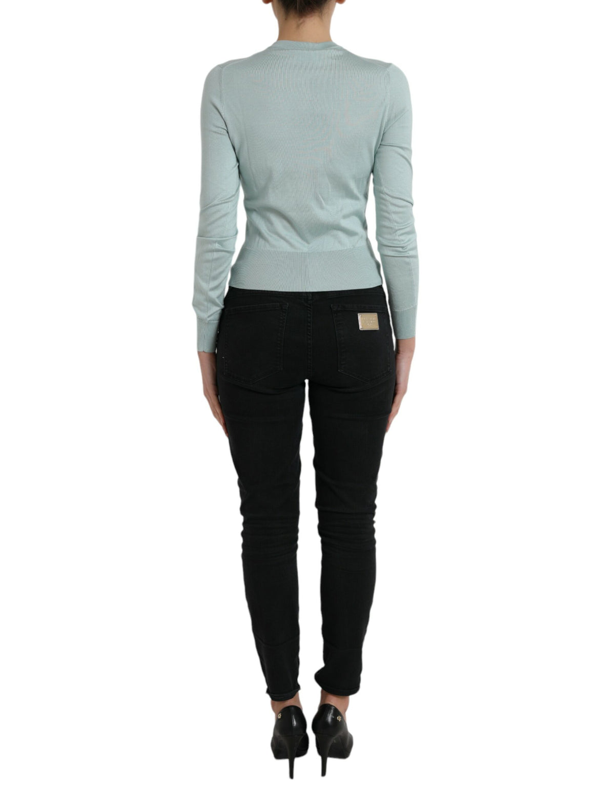 Dolce & Gabbana Light Blue Silk Crew Neck Cardigan Women's Sweater