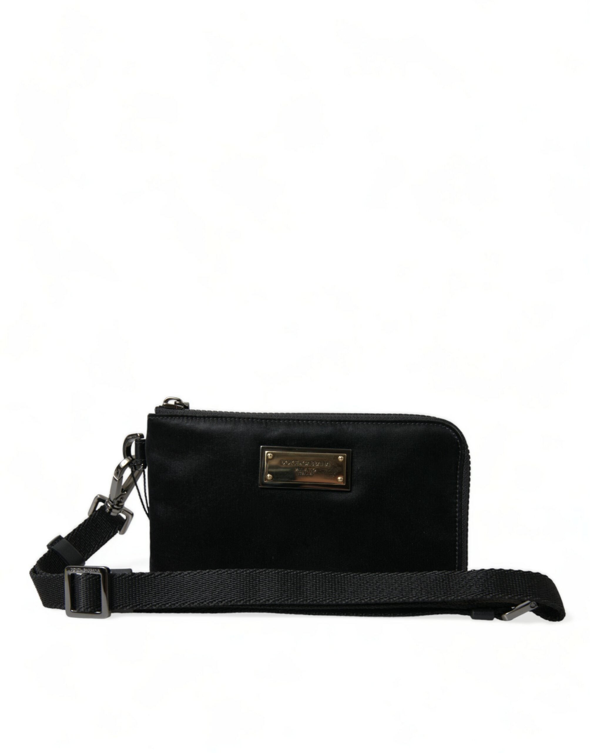 Dolce & Gabbana Black Nylon Logo Plaque Keyring Pouch Clutch Women's Bag