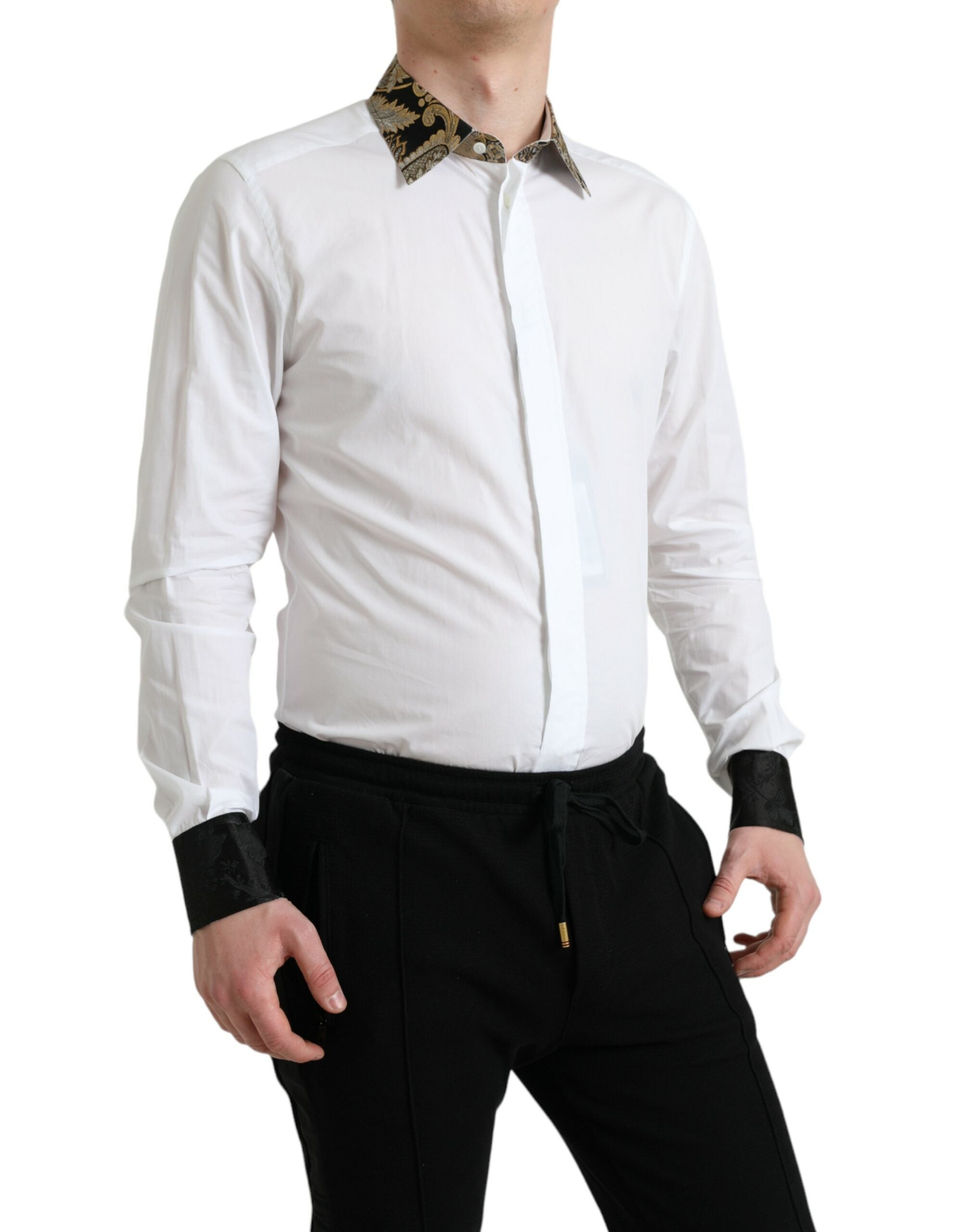 Dolce & Gabbana White Cotton Jacquard Formal GOLD Dress Men's Shirt