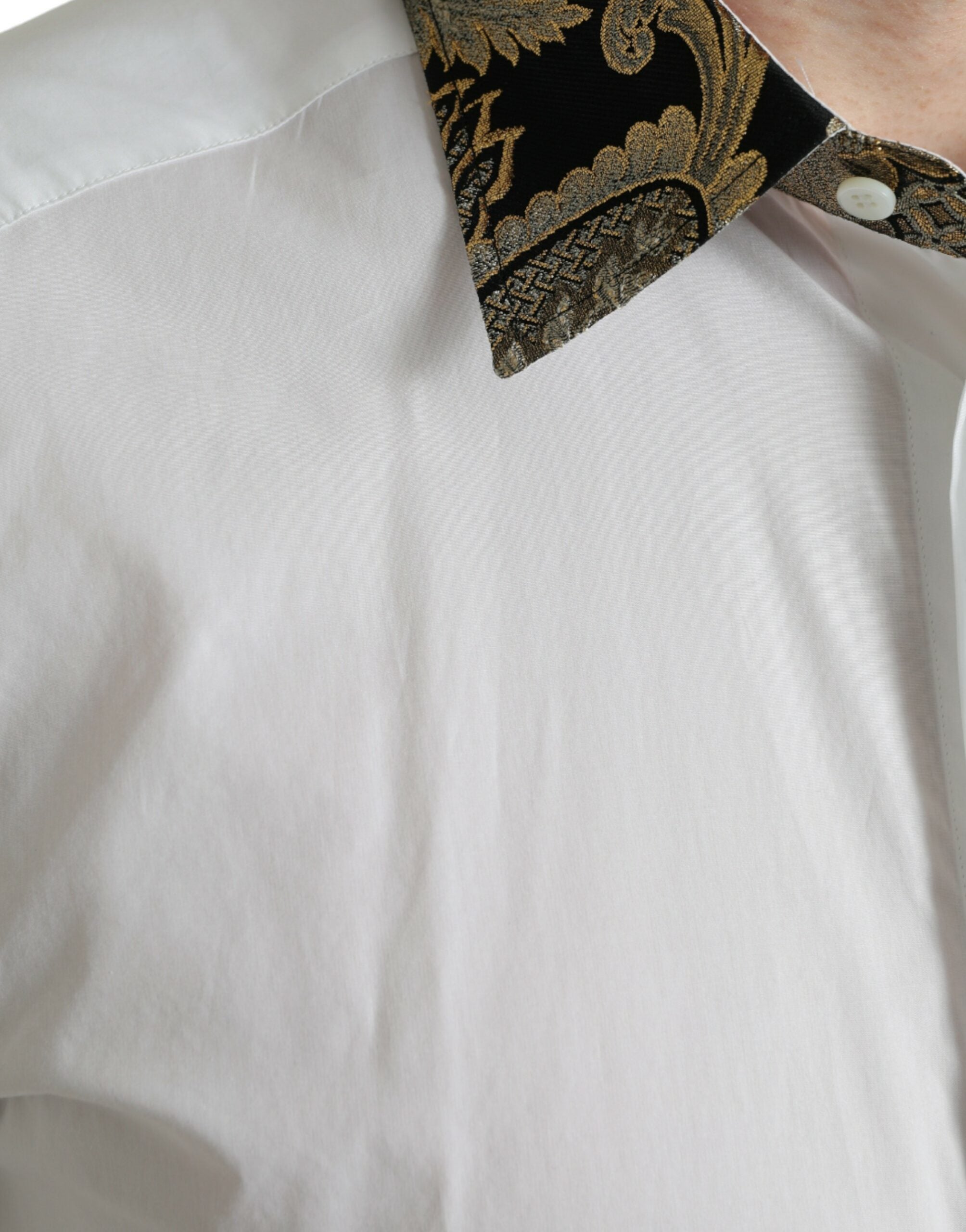 Dolce & Gabbana White Cotton Jacquard Formal GOLD Dress Men's Shirt