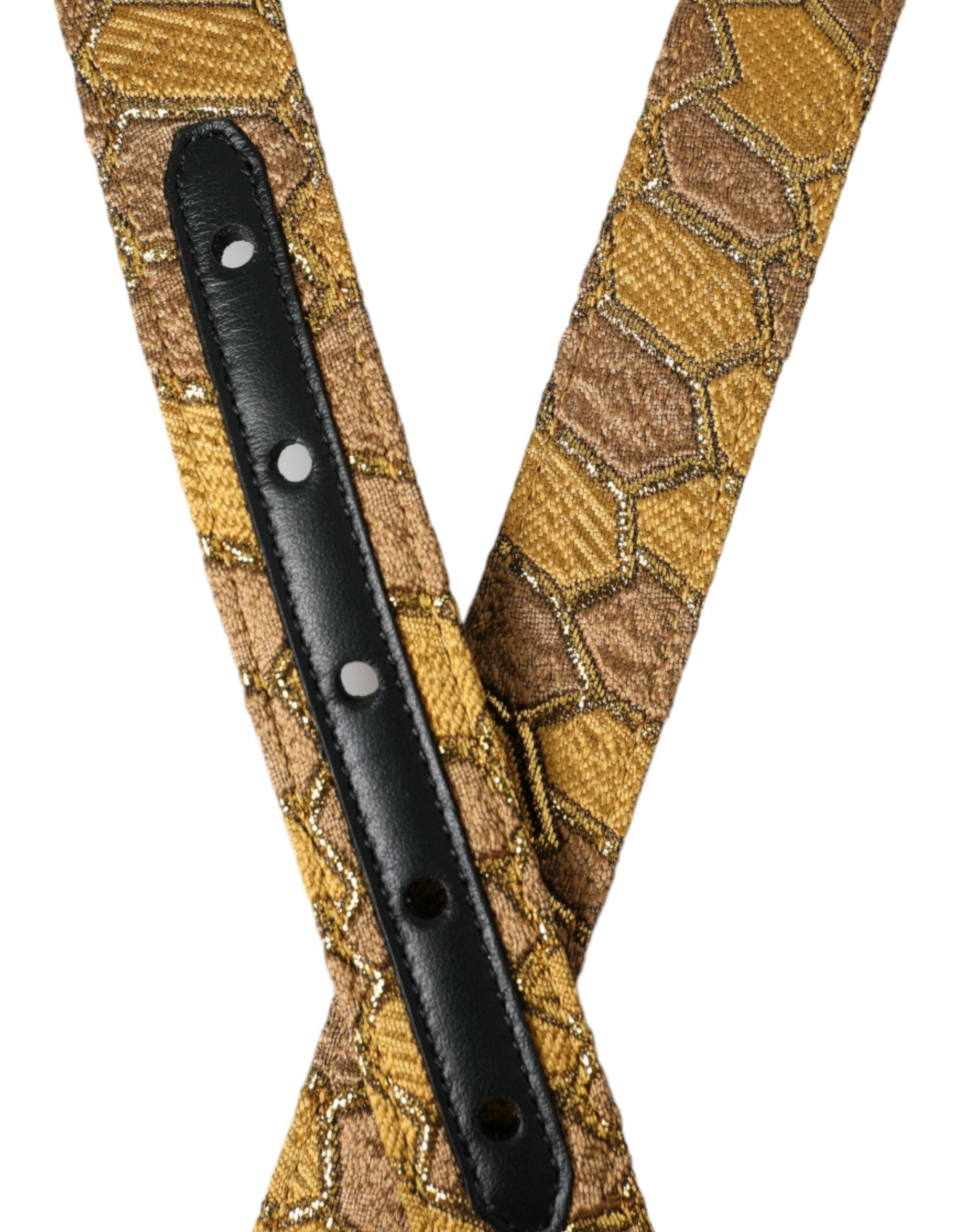 Dolce & Gabbana Gold Leather Jacquard Silver Metal Buckle Men's Belt