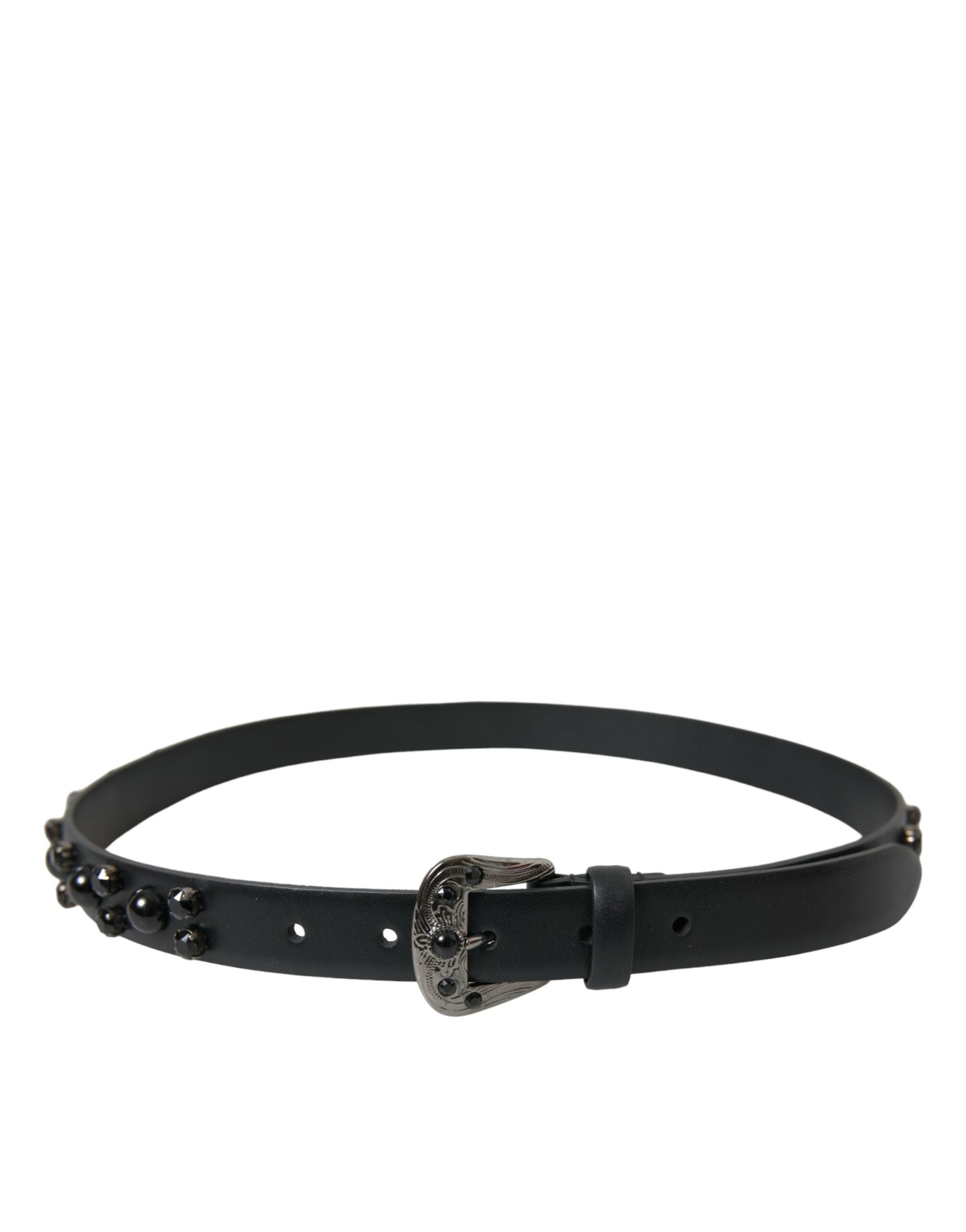 Dolce & Gabbana Black Embellished Leather Engraved Buckle Women's Belt