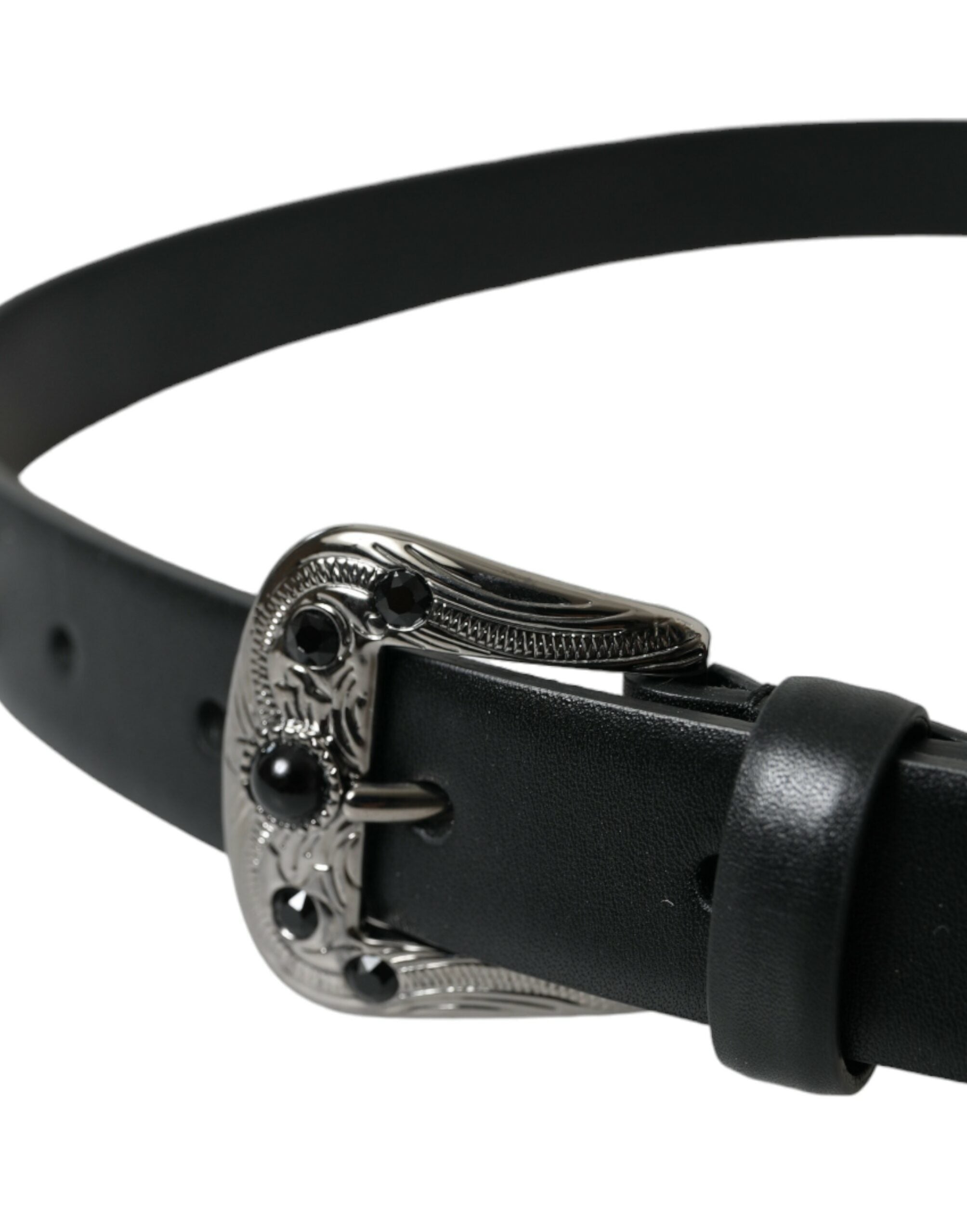 Dolce & Gabbana Black Embellished Leather Engraved Buckle Women's Belt