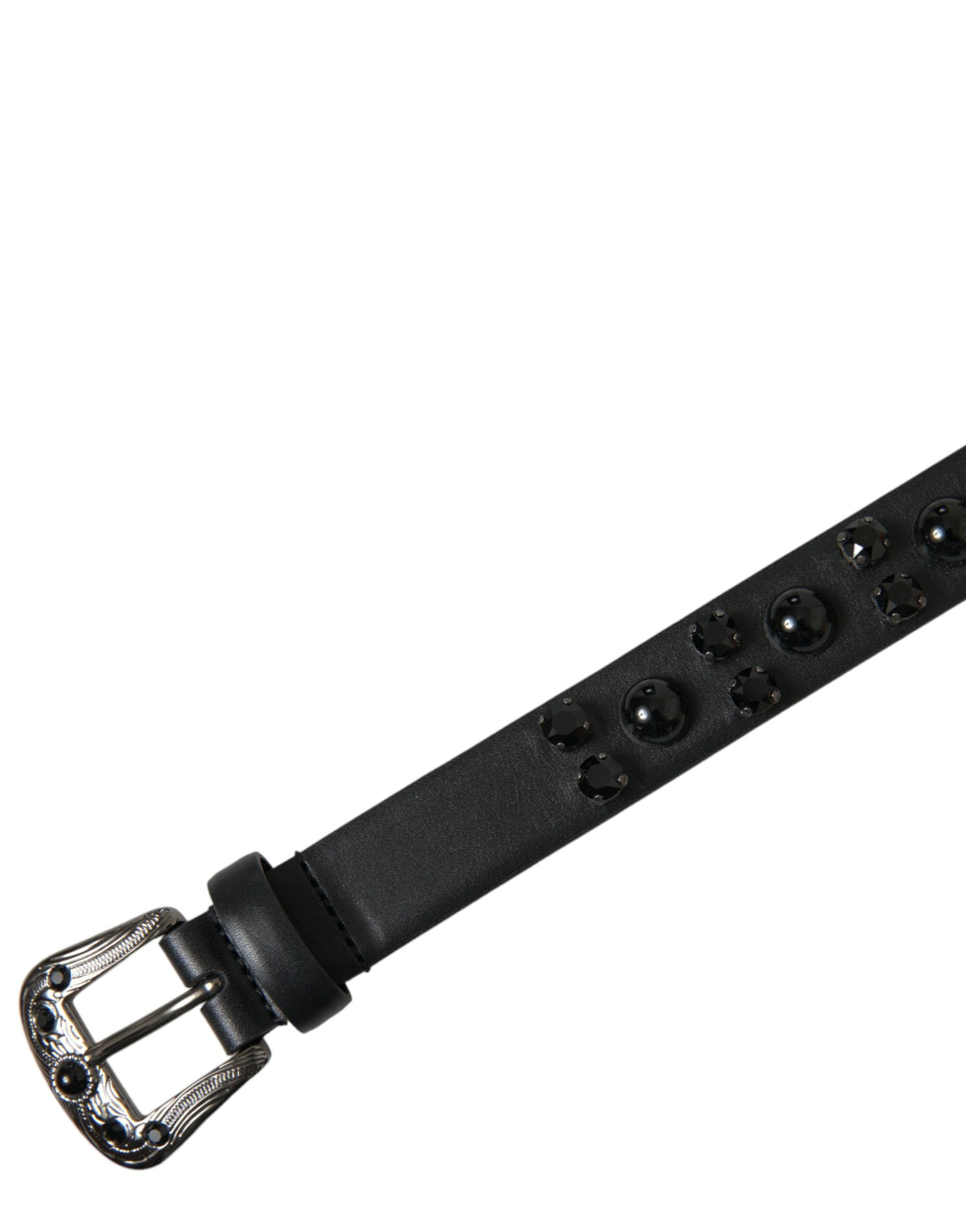 Dolce & Gabbana Black Embellished Leather Engraved Buckle Women's Belt