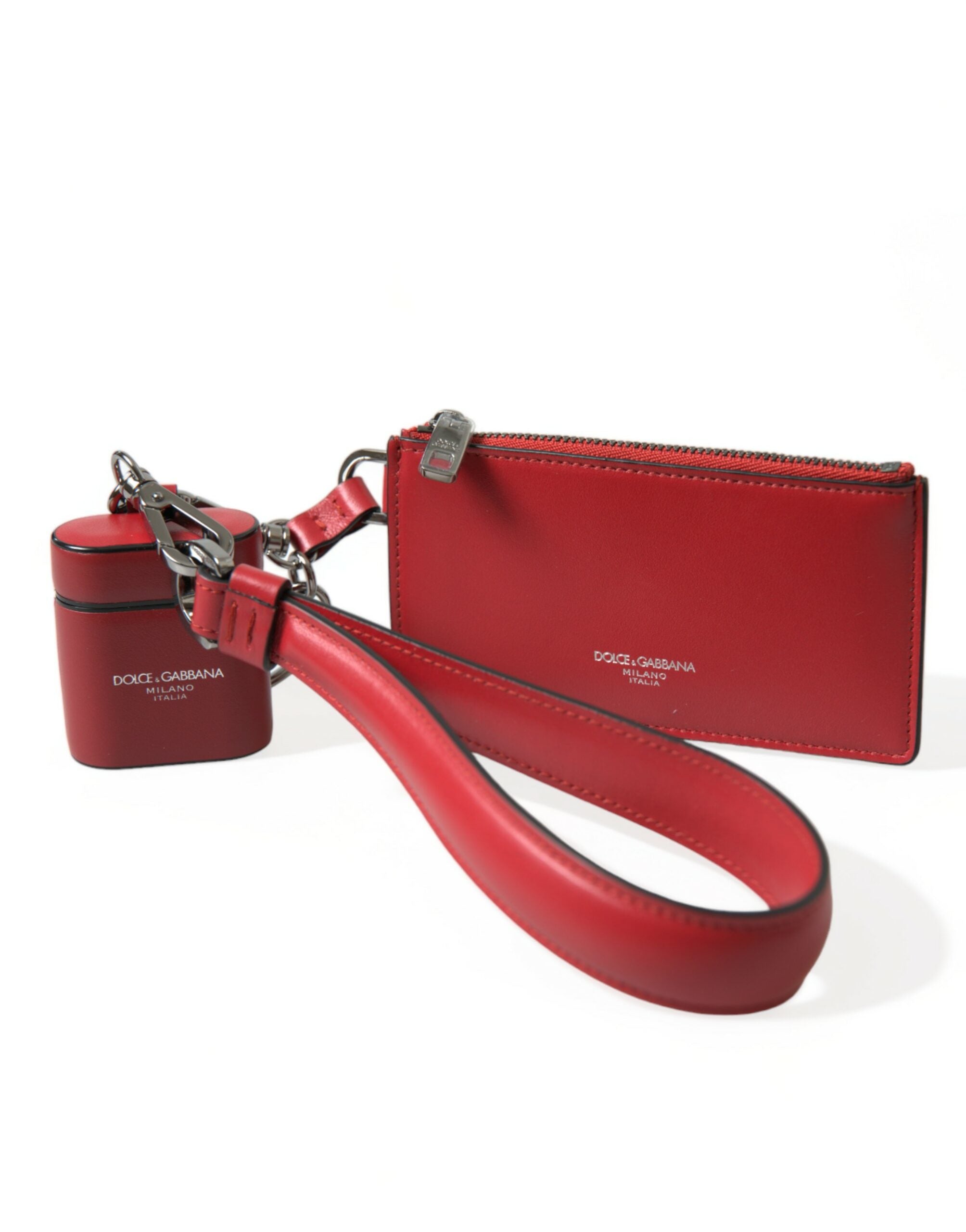 Dolce & Gabbana Red Leather Silver Metal Logo Strap Pouch Airpods Men's Case
