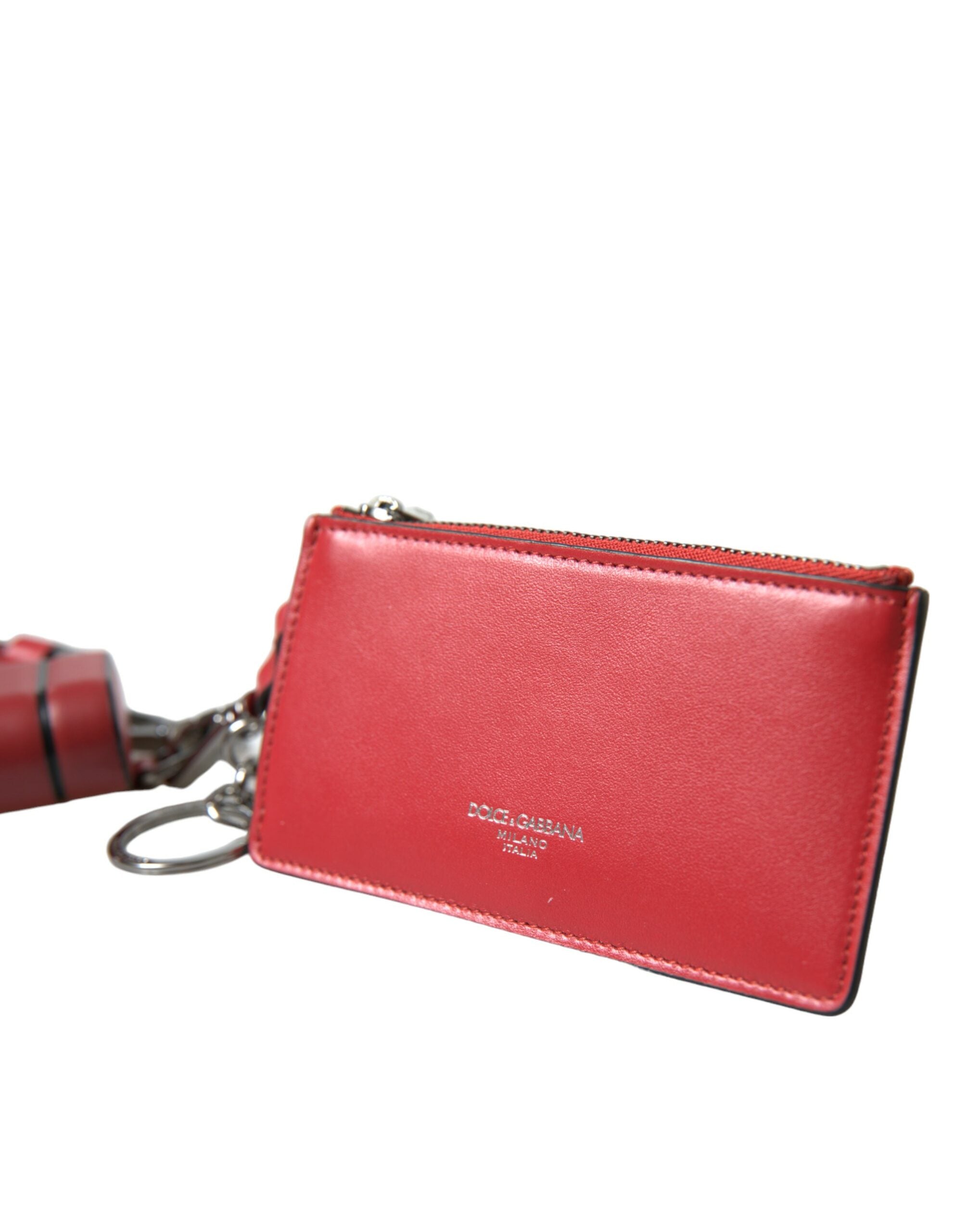 Dolce & Gabbana Red Leather Silver Metal Logo Strap Pouch Airpods Men's Case