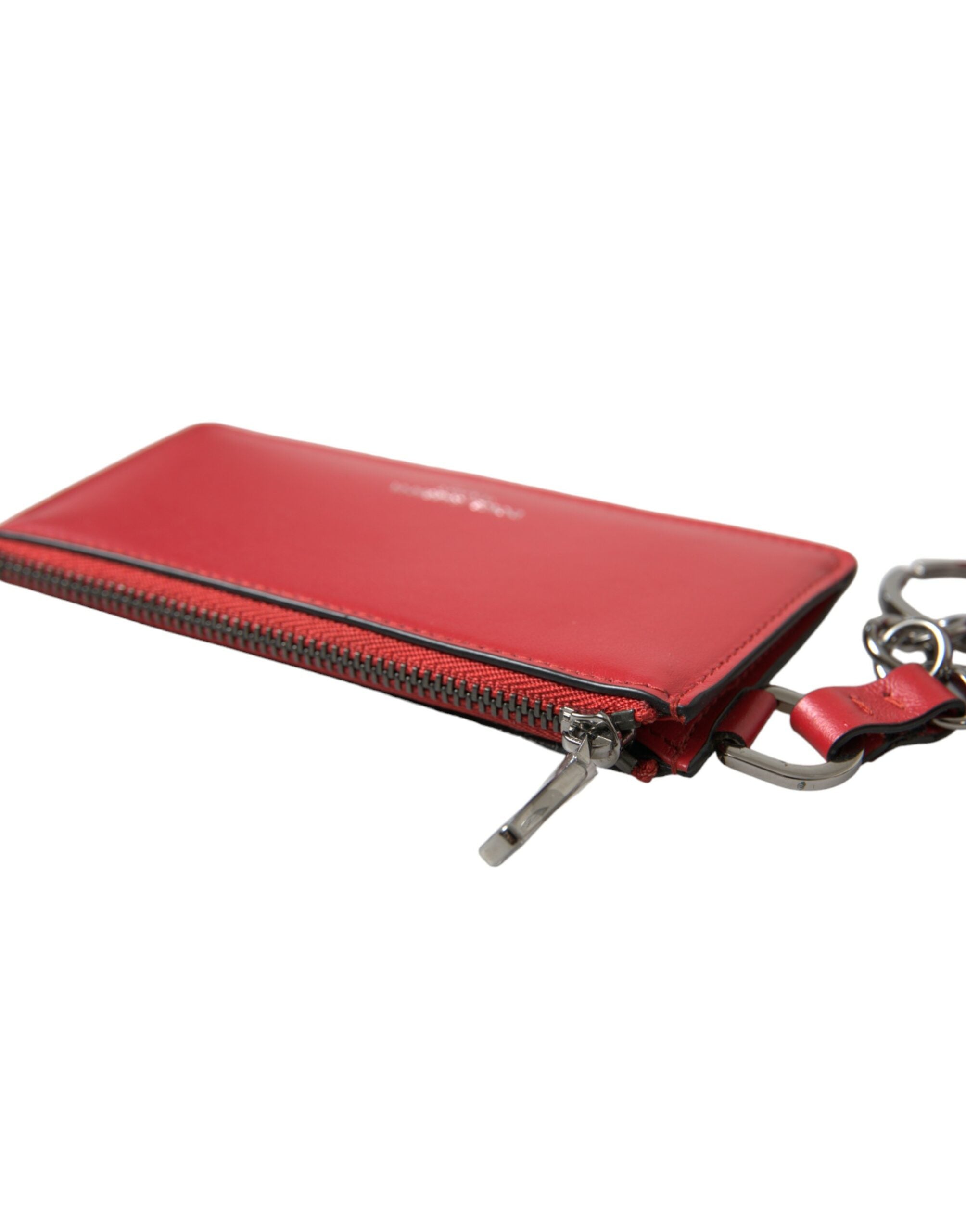 Dolce & Gabbana Red Leather Silver Metal Logo Strap Pouch Airpods Men's Case