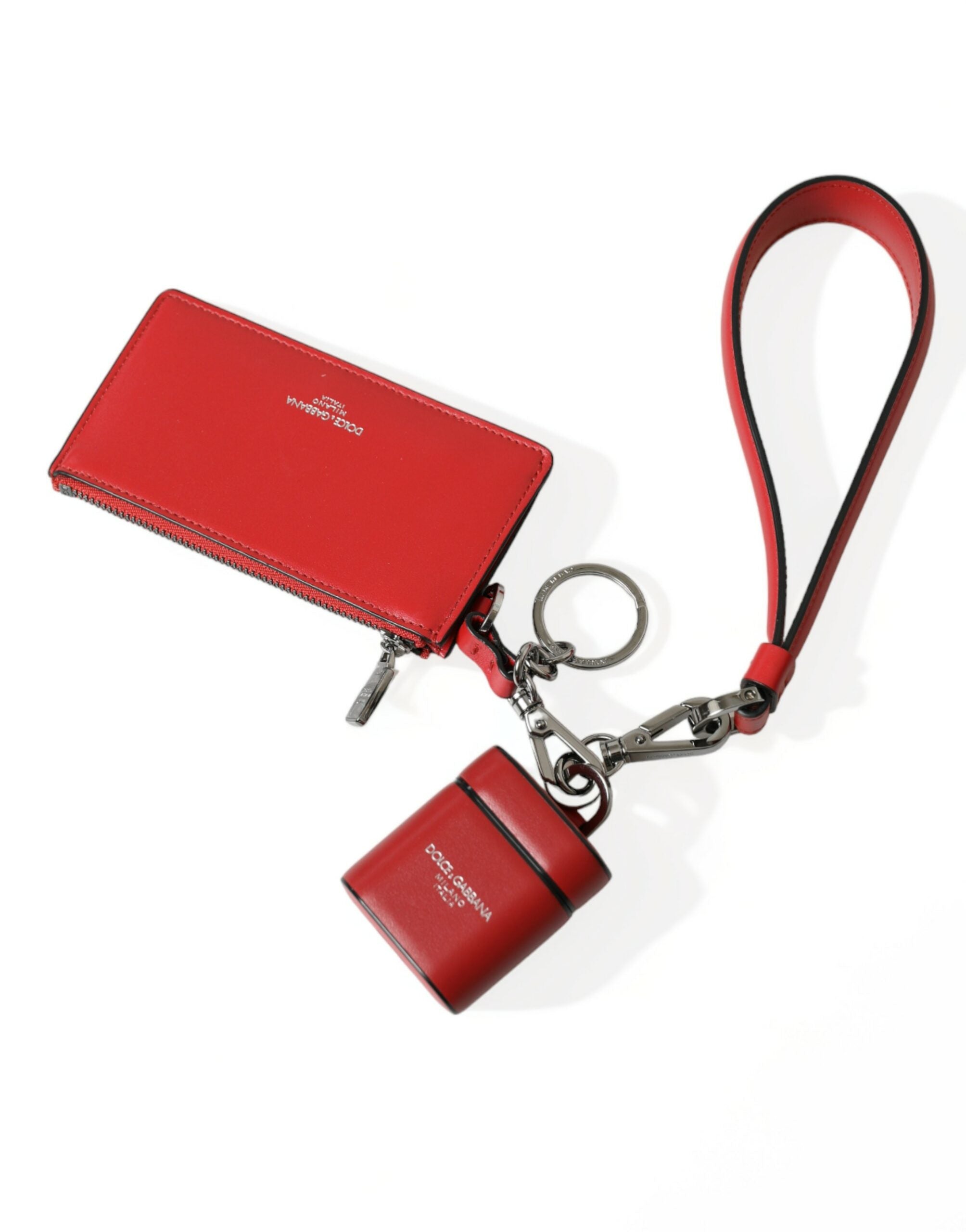Dolce & Gabbana Red Leather Silver Metal Logo Strap Pouch Airpods Men's Case