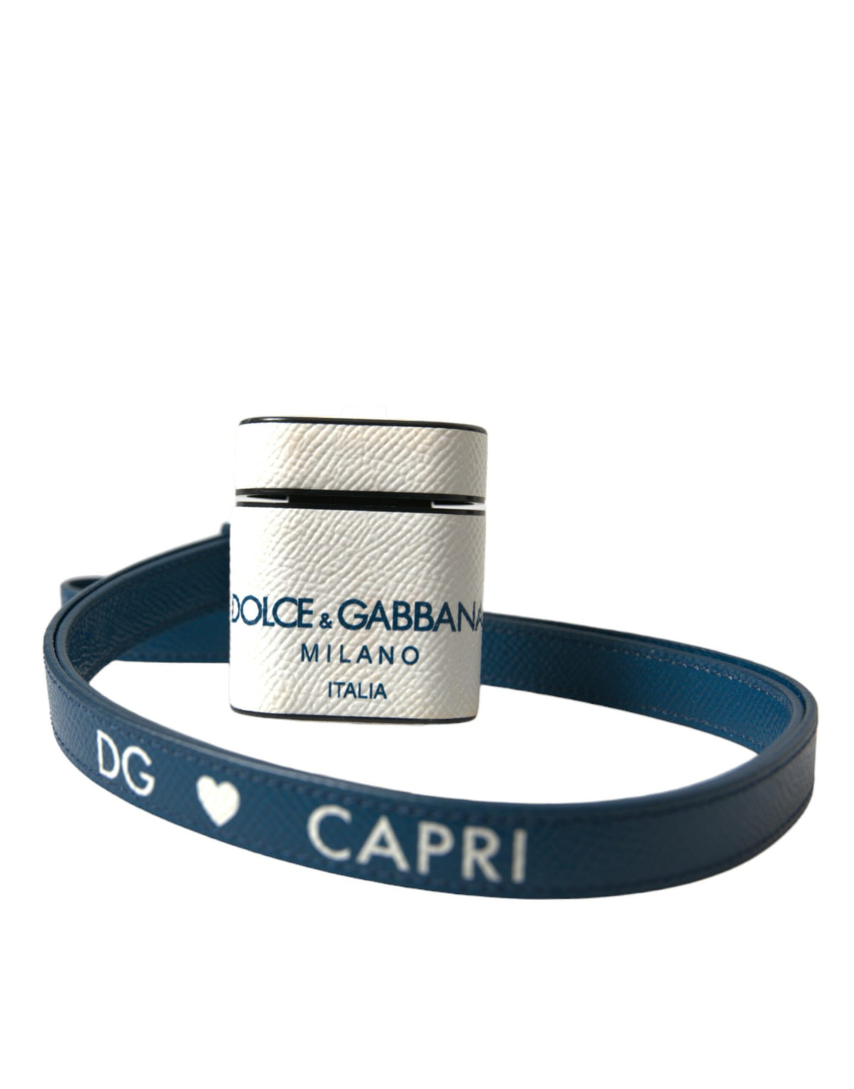 Dolce & Gabbana White Blue Calf Leather Logo Print Strap Airpods Women's Case