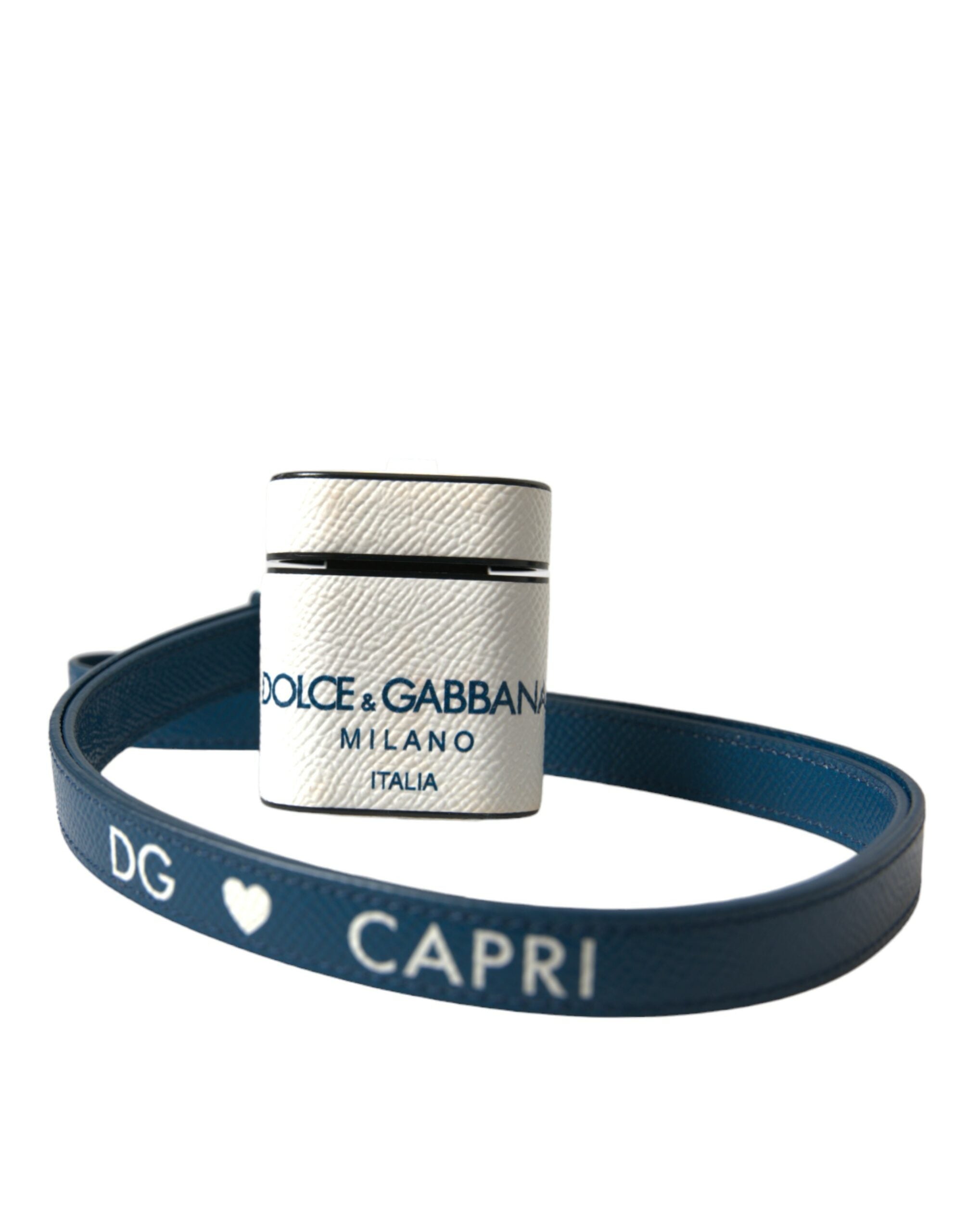 Dolce & Gabbana White Blue Calf Leather Logo Print Strap Airpods Women's Case