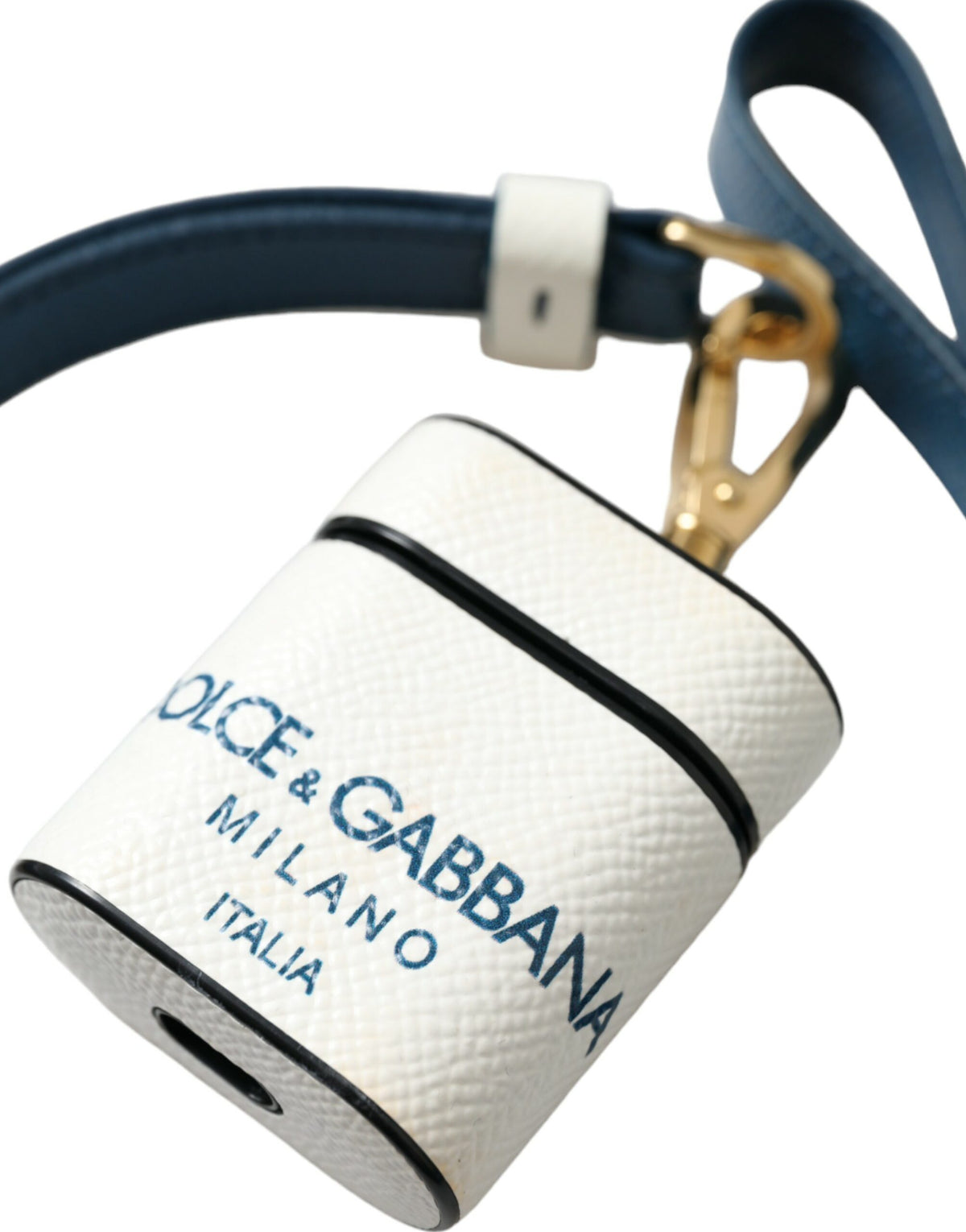 Dolce & Gabbana White Blue Calf Leather Logo Print Strap Airpods Women's Case