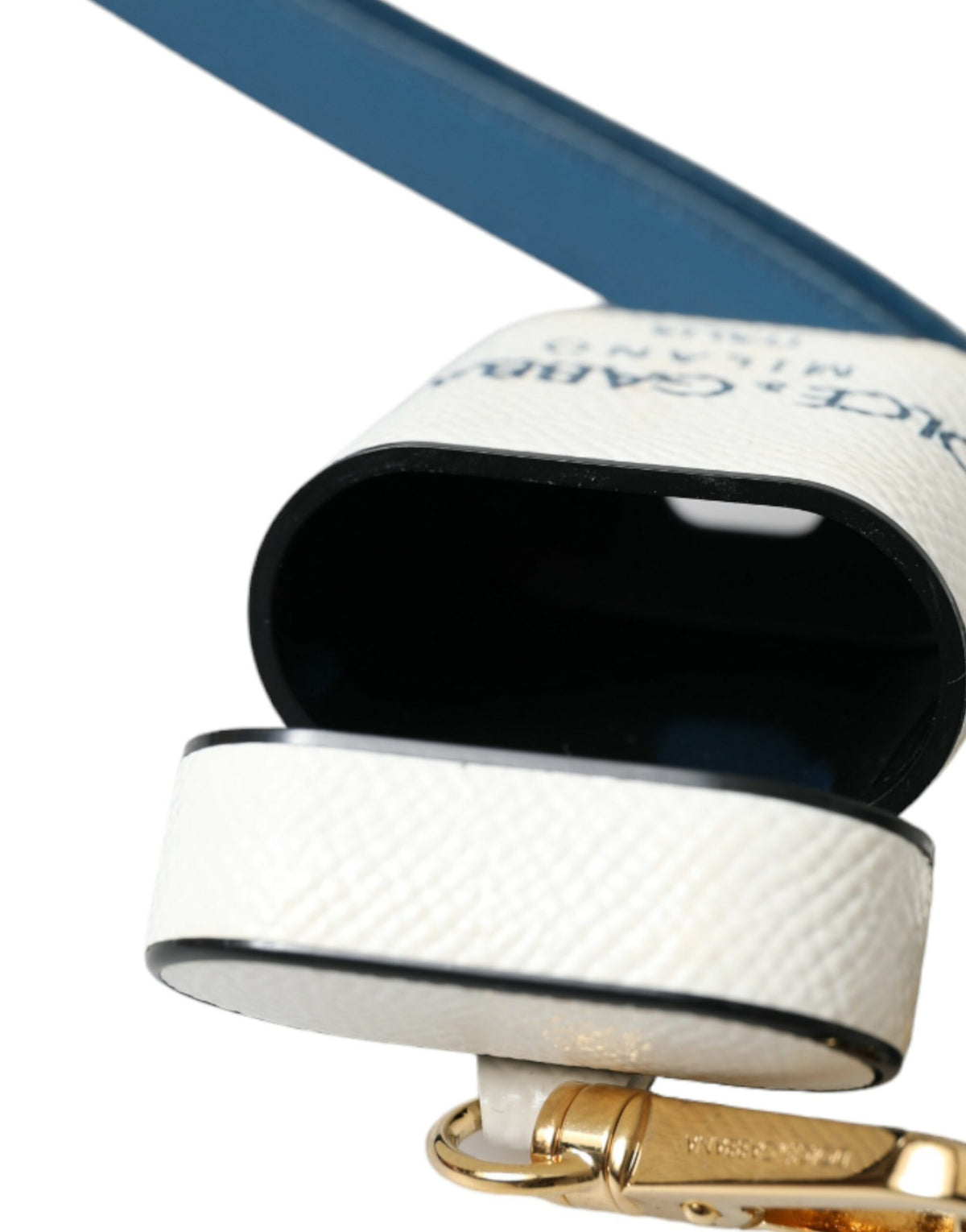 Dolce & Gabbana White Blue Calf Leather Logo Print Strap Airpods Women's Case